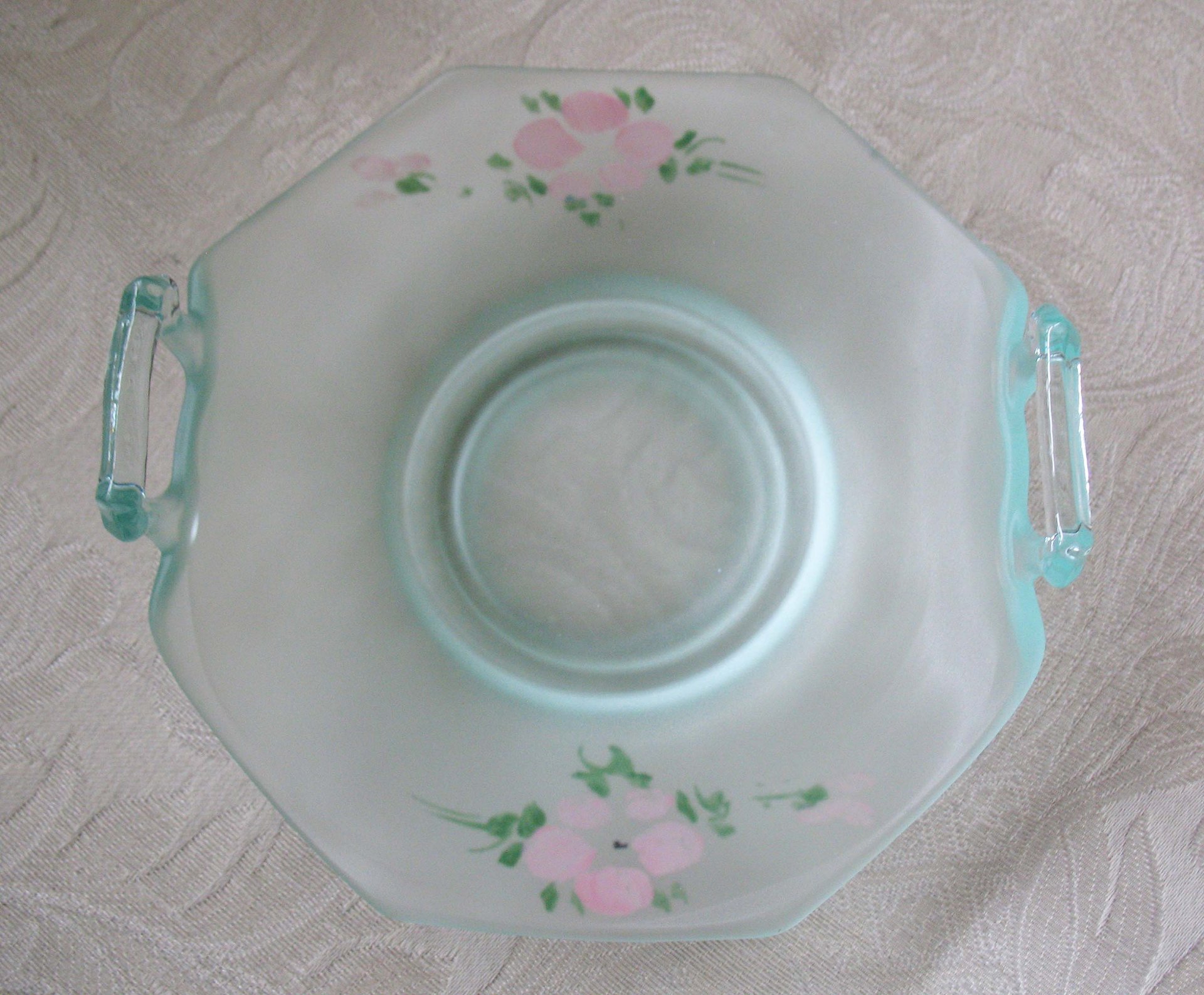 Green Depression Frosted Satin Glass Basket Candy Dish Pink Roses Vintage Retro Tea Time Gift Farmhouse Shabby Chic Style WhenRosesBloom