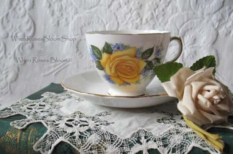 Vintage Tea Cup Yellow Roses English Bone China Retro Classic TeaTime Gift Mid Century Shabby Chic Downton Abbey Style WhenRosesBloom