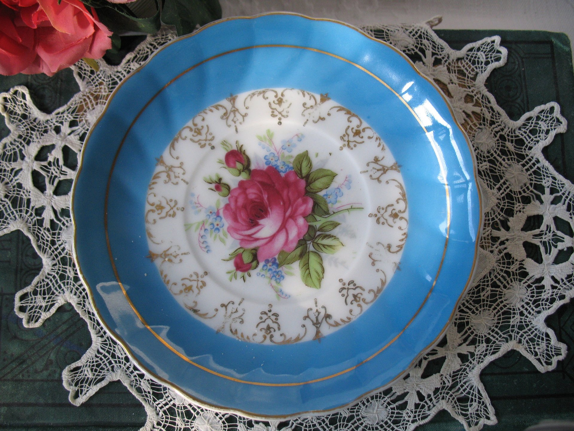Tea Cup Footed Turquoise Blue with Pink Floral Roses Japan Retro Vintage Tea Time Gift  Romantic Shabby Chic Cottage Tea WhenRosesBloom