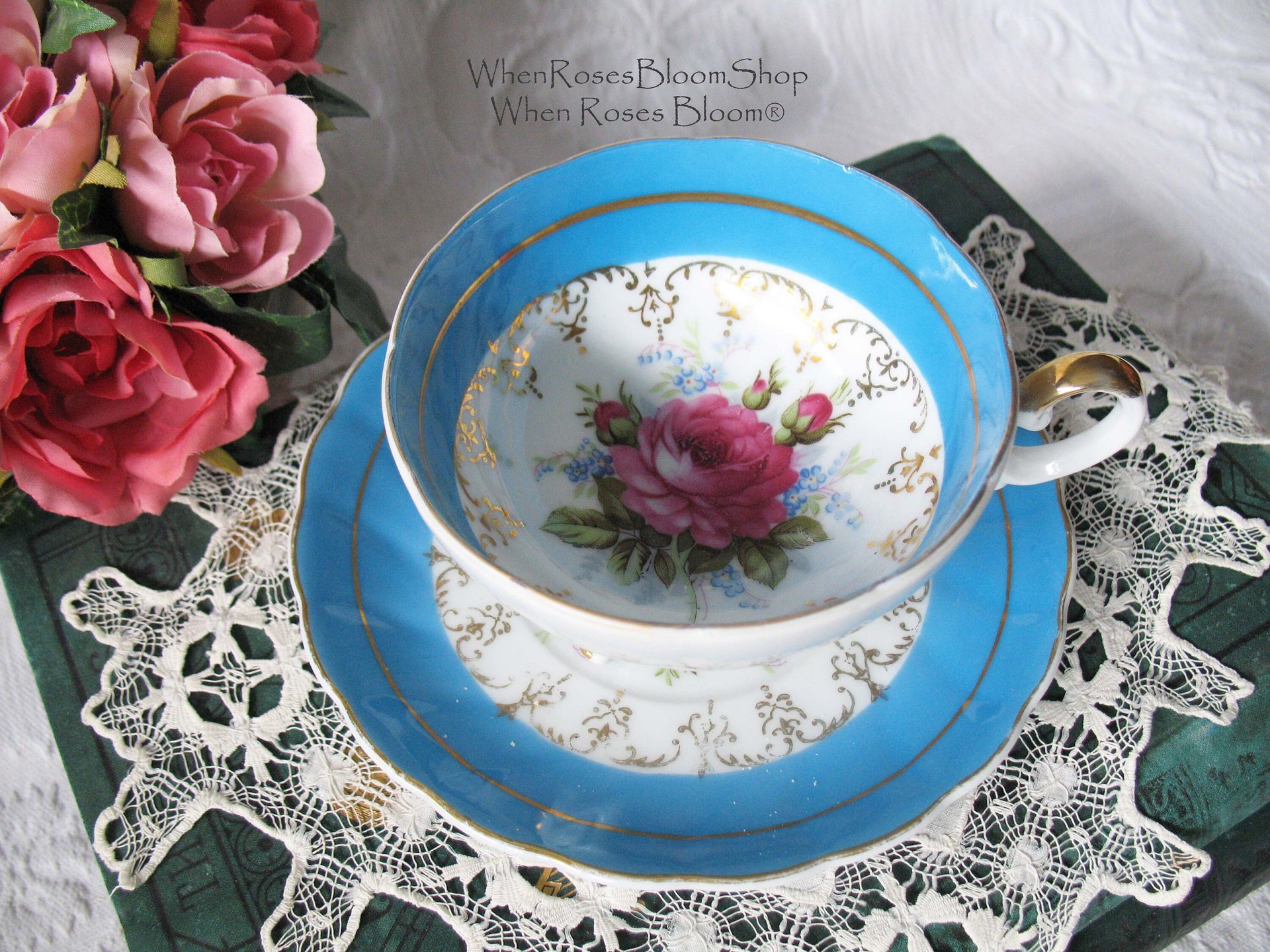 Tea Cup Footed Turquoise Blue with Pink Floral Roses Japan Retro Vintage Tea Time Gift  Romantic Shabby Chic Cottage Tea WhenRosesBloom