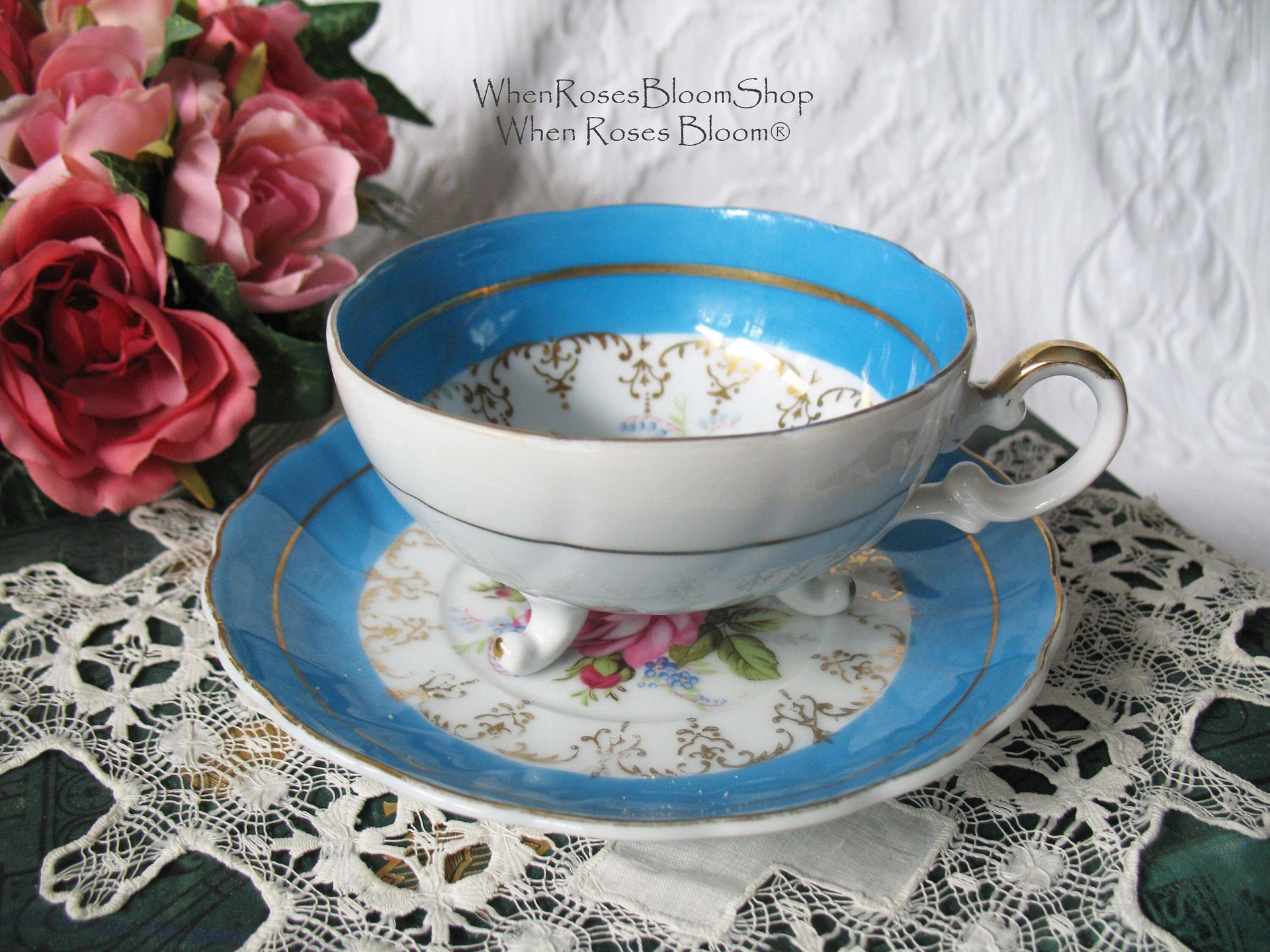Tea Cup Footed Turquoise Blue with Pink Floral Roses Japan Retro Vintage Tea Time Gift  Romantic Shabby Chic Cottage Tea WhenRosesBloom