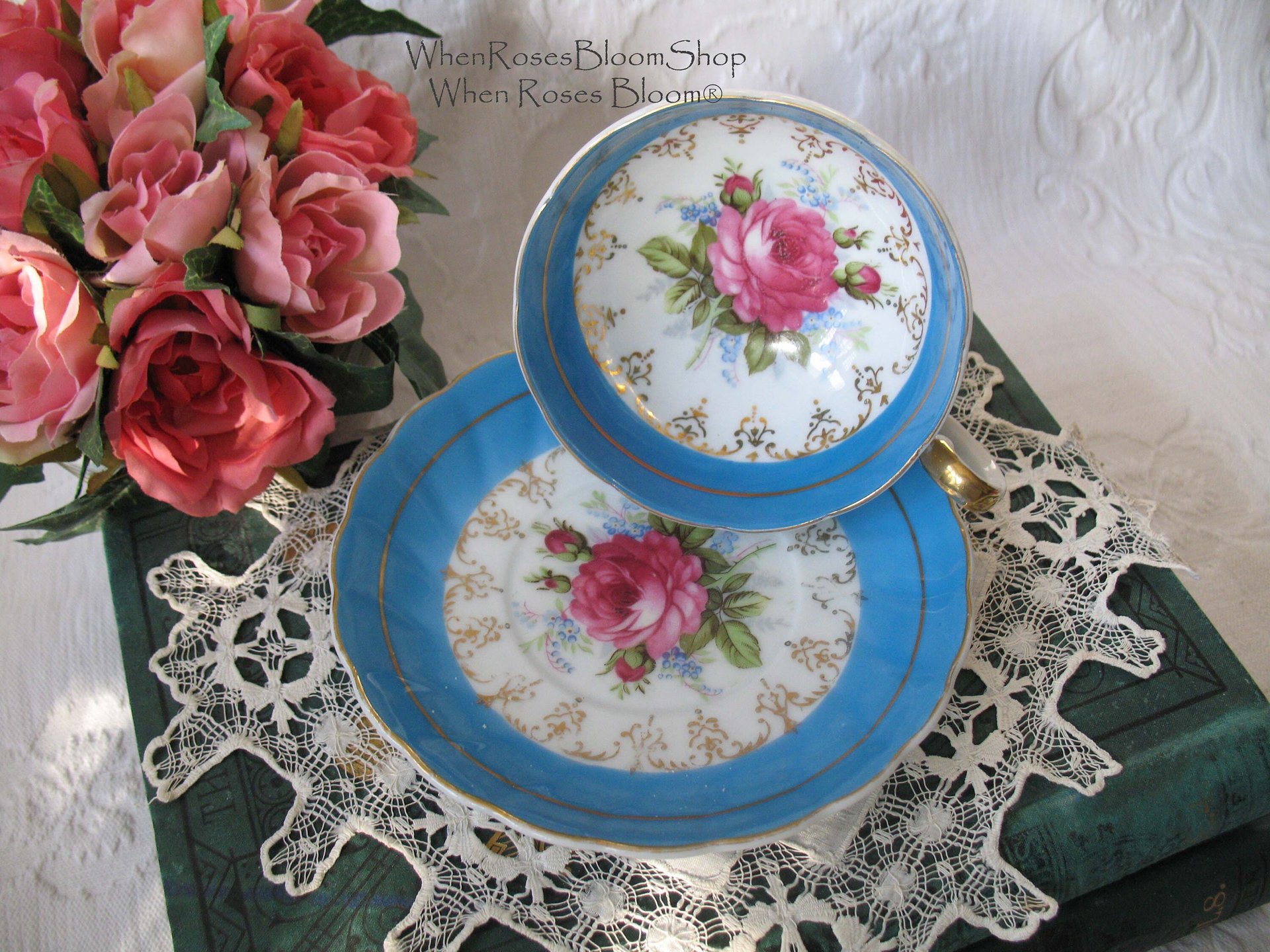 Tea Cup Footed Turquoise Blue with Pink Floral Roses Japan Retro Vintage Tea Time Gift  Romantic Shabby Chic Cottage Tea WhenRosesBloom