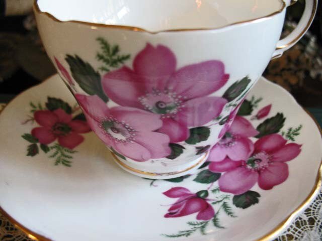 Tea Cup Grosvenor Pink Wild Roses English Bone ChinaTea Gift Vintage Retro Mid Century Shabby Chic Romantic Cottage Style WhenRosesBloom
