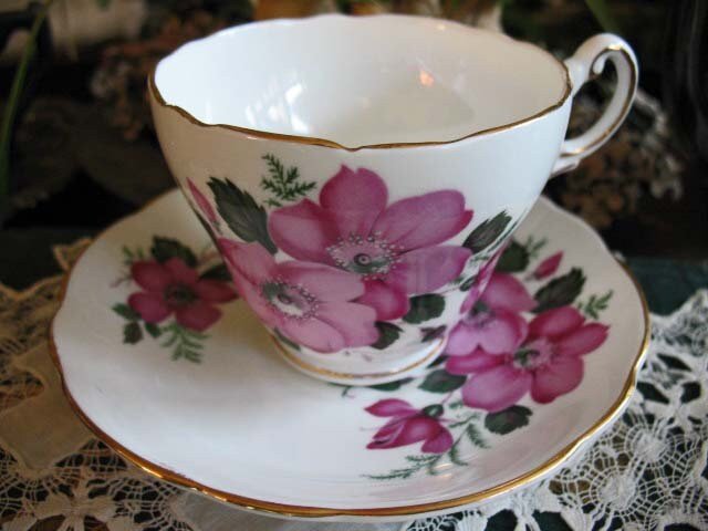 Tea Cup Grosvenor Pink Wild Roses English Bone ChinaTea Gift Vintage Retro Mid Century Shabby Chic Romantic Cottage Style WhenRosesBloom