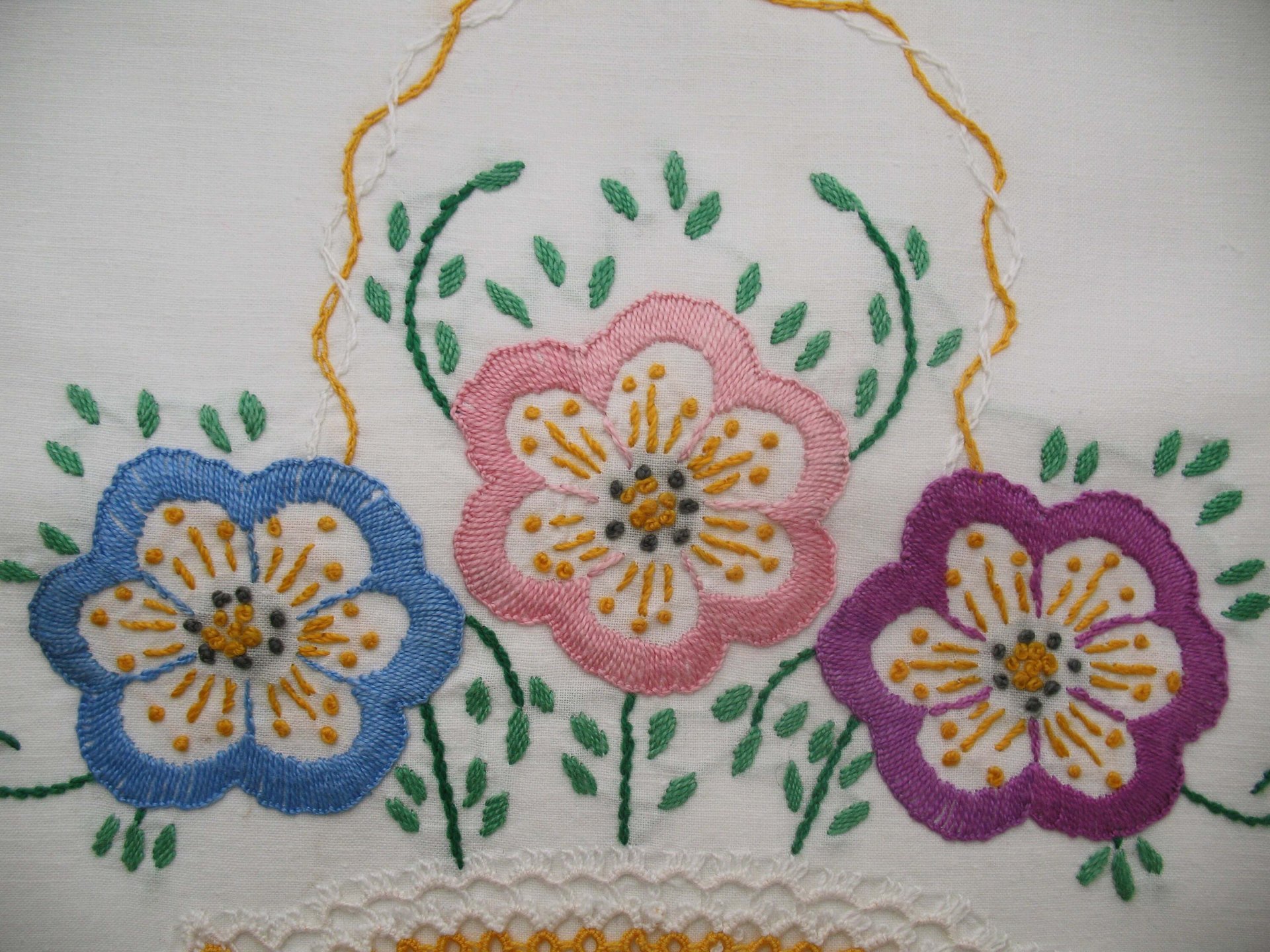 Pillowcase Tatted Lace Edge Flower Basket Heirloom New Old Shabby Chic Farmhouse Cottage Style Free Shipping in US WhenRosesBloom