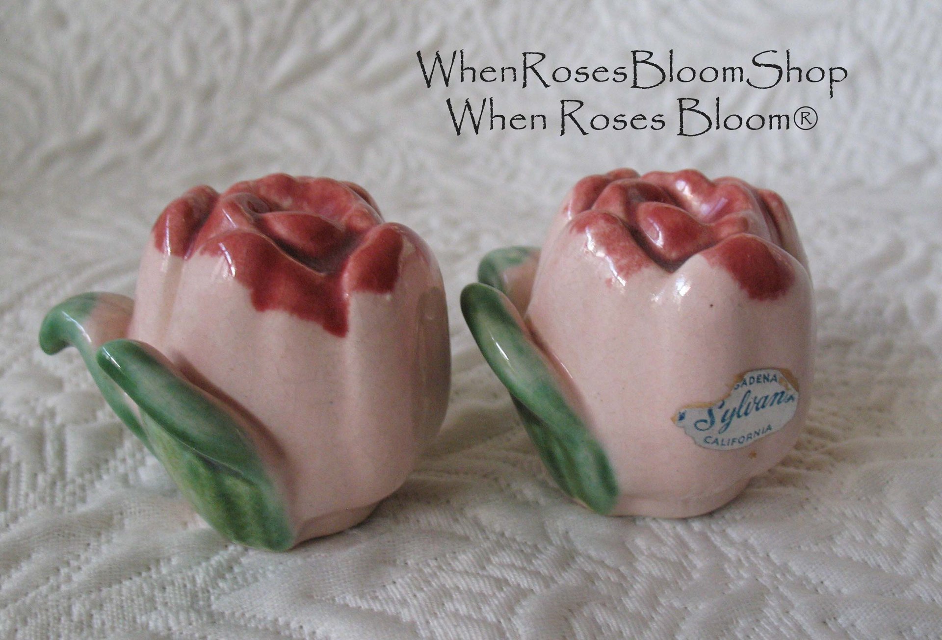 Vintage California Pottery Rose Salt Pepper Sylvans Shabby Chic Cottage Farmhouse Romantic Retro Mid Century Urban Style WhenRosesBloom