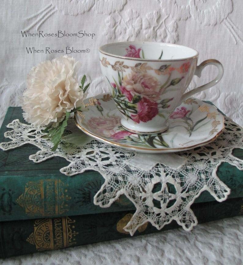 Vintage Tea Cup January Pink Carnations Japan Retro TeaTime Dainty Tea Time Gift Birthday Floral Tea Mid Century Shabby Chic  WhenRosesBloom