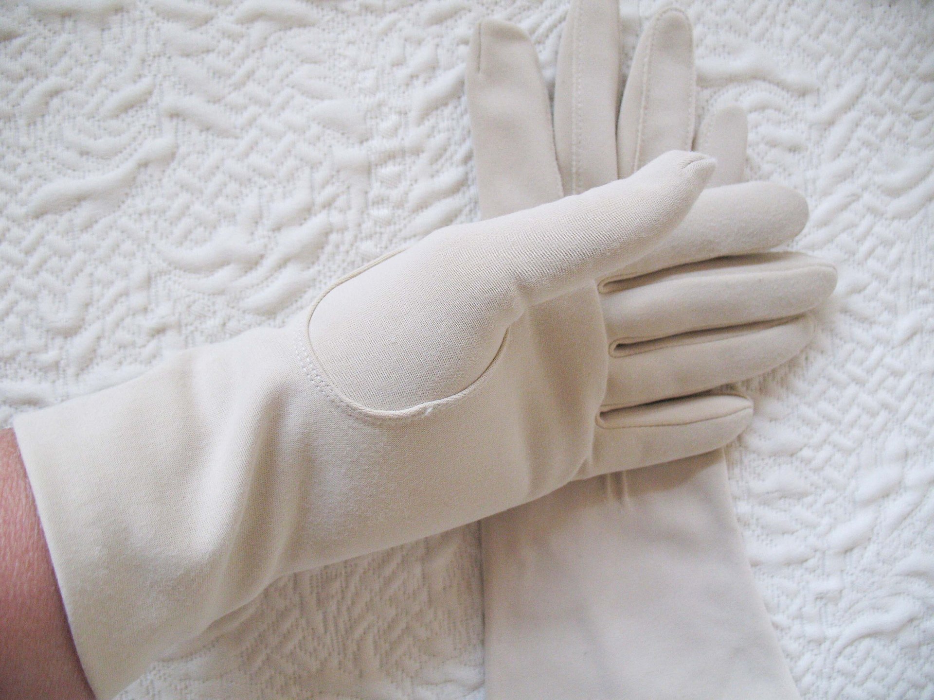 Vintage Gloves Beige  Fabric Sz 6  Matinee Bracelet Length Elegant Classic Mid Century Mod Cocktail Party Style  Free Ship US WhenRosesBloom