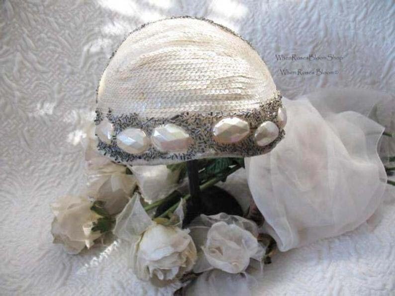 Vintage Hat 1920s Wedding Bridal Headpiece Fascinator Tea Party Cocktail  Gatsby Cosplay White Silver Beadwork Art Deco When Roses Bloom