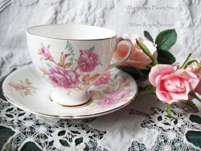 Tea Cup Pink Roses English Bone China Vintage Retro Tea Gift Mid Century Shabby Chic Farmhouse Jane Austen Downton Abbey WhenRosesBloom