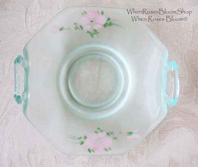 Green Depression Frosted Satin Glass Basket Candy Dish Pink Roses Vintage Retro Tea Time Gift Farmhouse Shabby Chic Style WhenRosesBloom