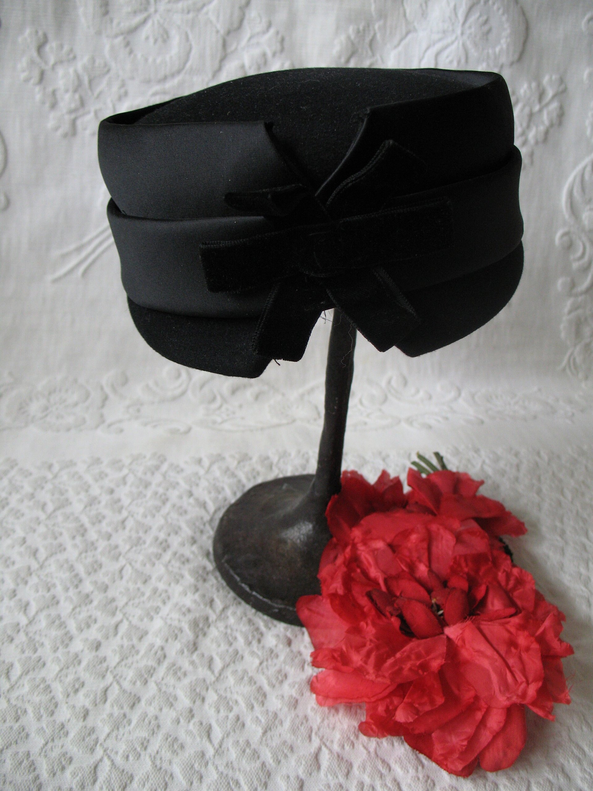 Vintage Black Hat  Wool w/Bow Classic Cocktail Pillbox Bellhop Toque with Elegant Jackie O Style 1940s-50s Cosplay WhenRosesBloom