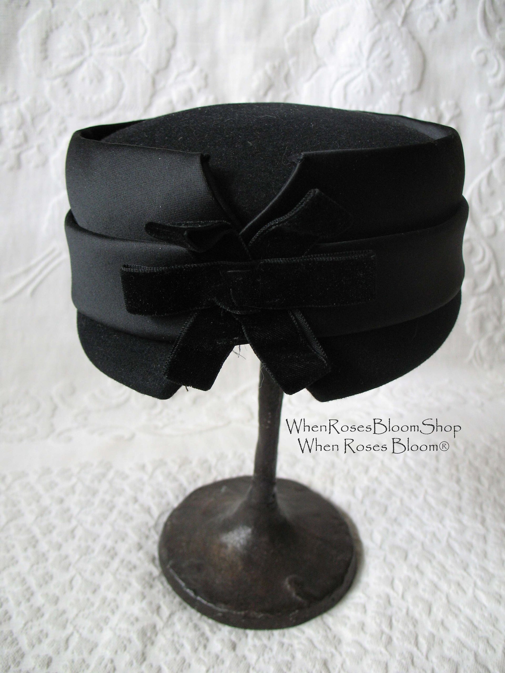 Vintage Black Hat  Wool w/Bow Classic Cocktail Pillbox Bellhop Toque with Elegant Jackie O Style 1940s-50s Cosplay WhenRosesBloom