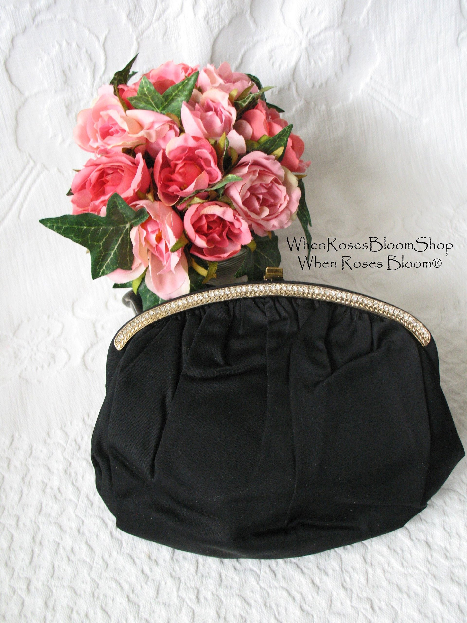 Vintage Black Purse Evening Hand Bag Rhinestones Mid Century Retro Classic Hollywood Glamour for Dance Cocktail Party WhenRosesBloom