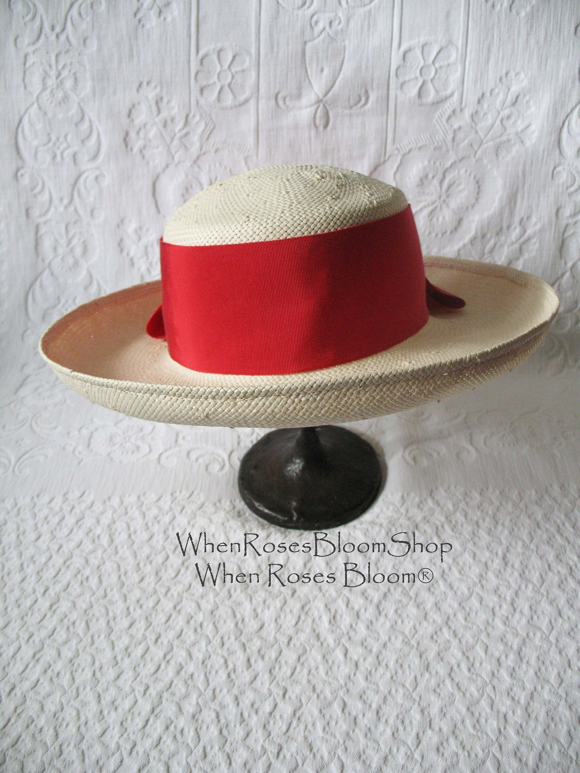Vintage White Hat Straw Boater Panama Classic Tailored Elegance Tea Party Hat Retro Princess Diana Kate  Eric Javets Lily J  WhenRosesBloom