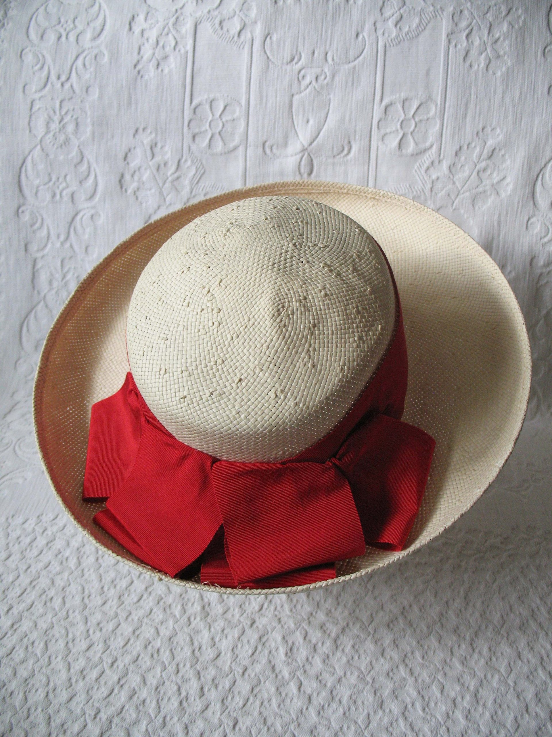 Vintage White Hat Straw Boater Panama Classic Tailored Elegance Tea Party Hat Retro Princess Diana Kate  Eric Javets Lily J  WhenRosesBloom