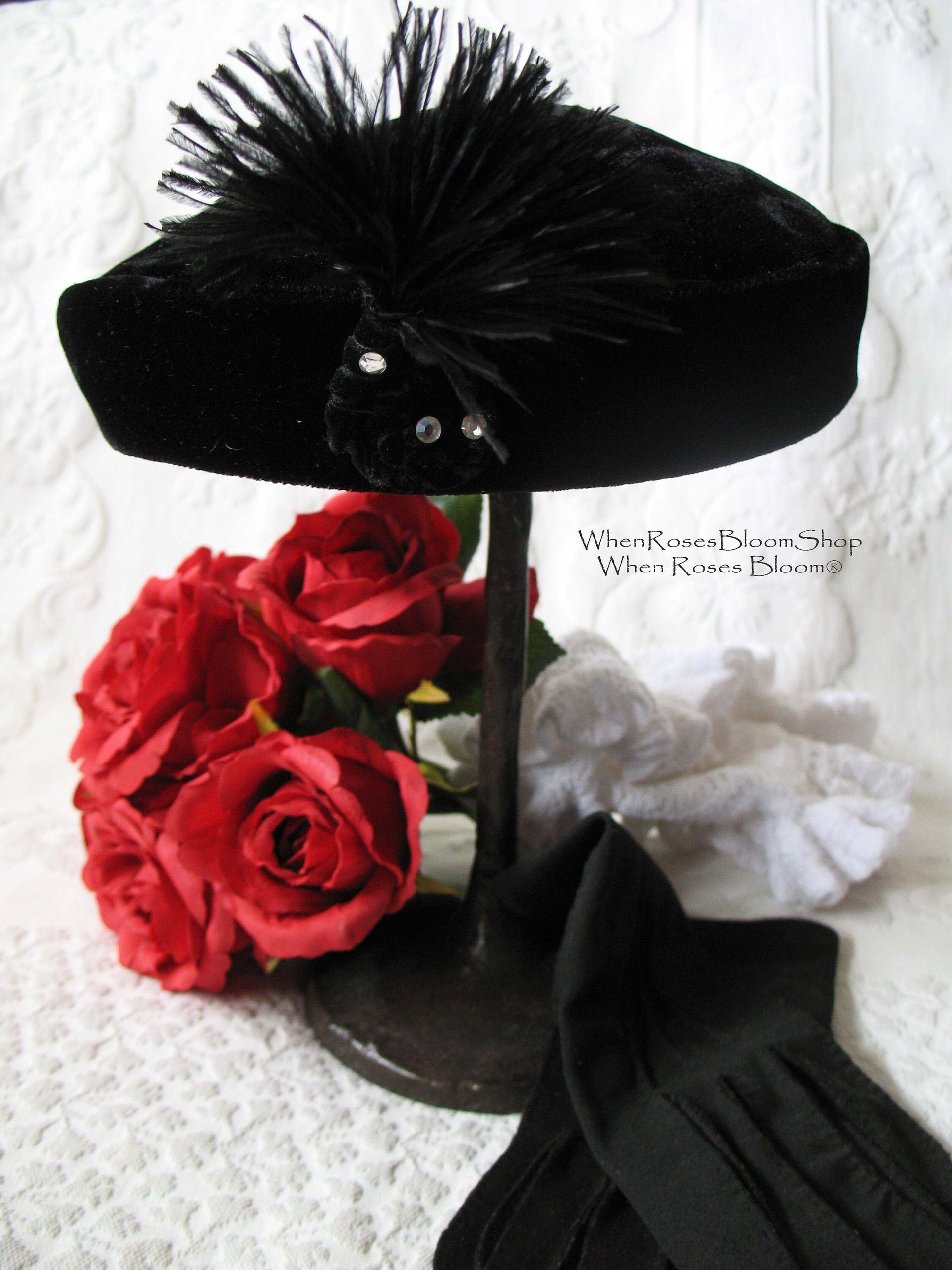 Vintage Hat Black Velvet Pill Box Mid Century 1950s Feather Rhinestone  Steampunk Cosplay  Kate Middleton Style WhenRosesBloom