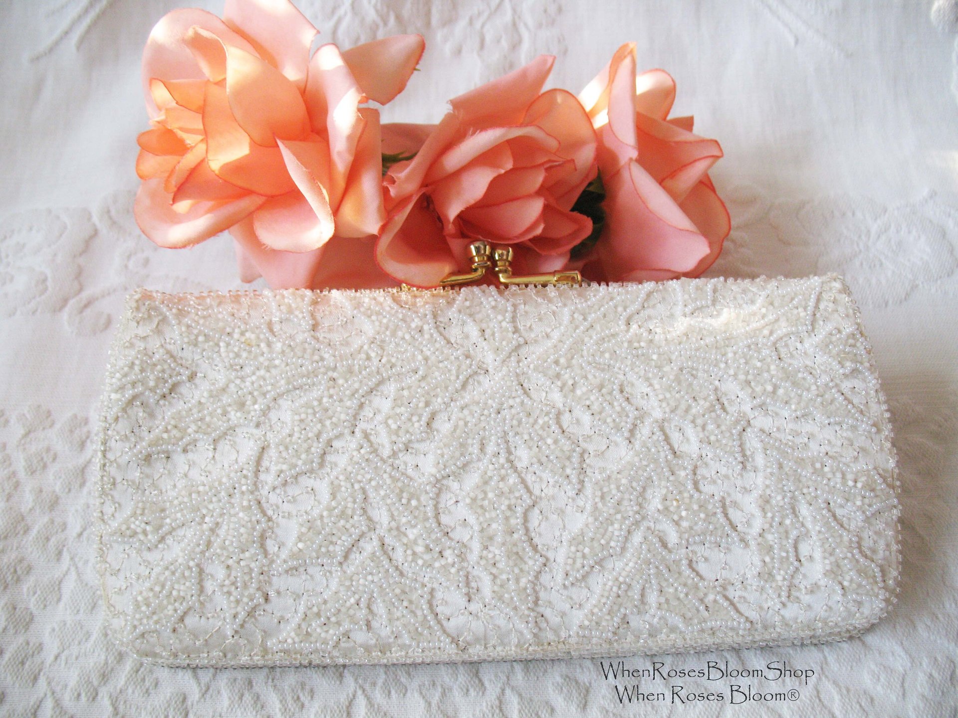 Vintage Purse White Beaded  Evening Bag Mid Century Retro Classic Glamour Wedding Dance Cocktail Party Clutch Purse  WhenRosesBloom