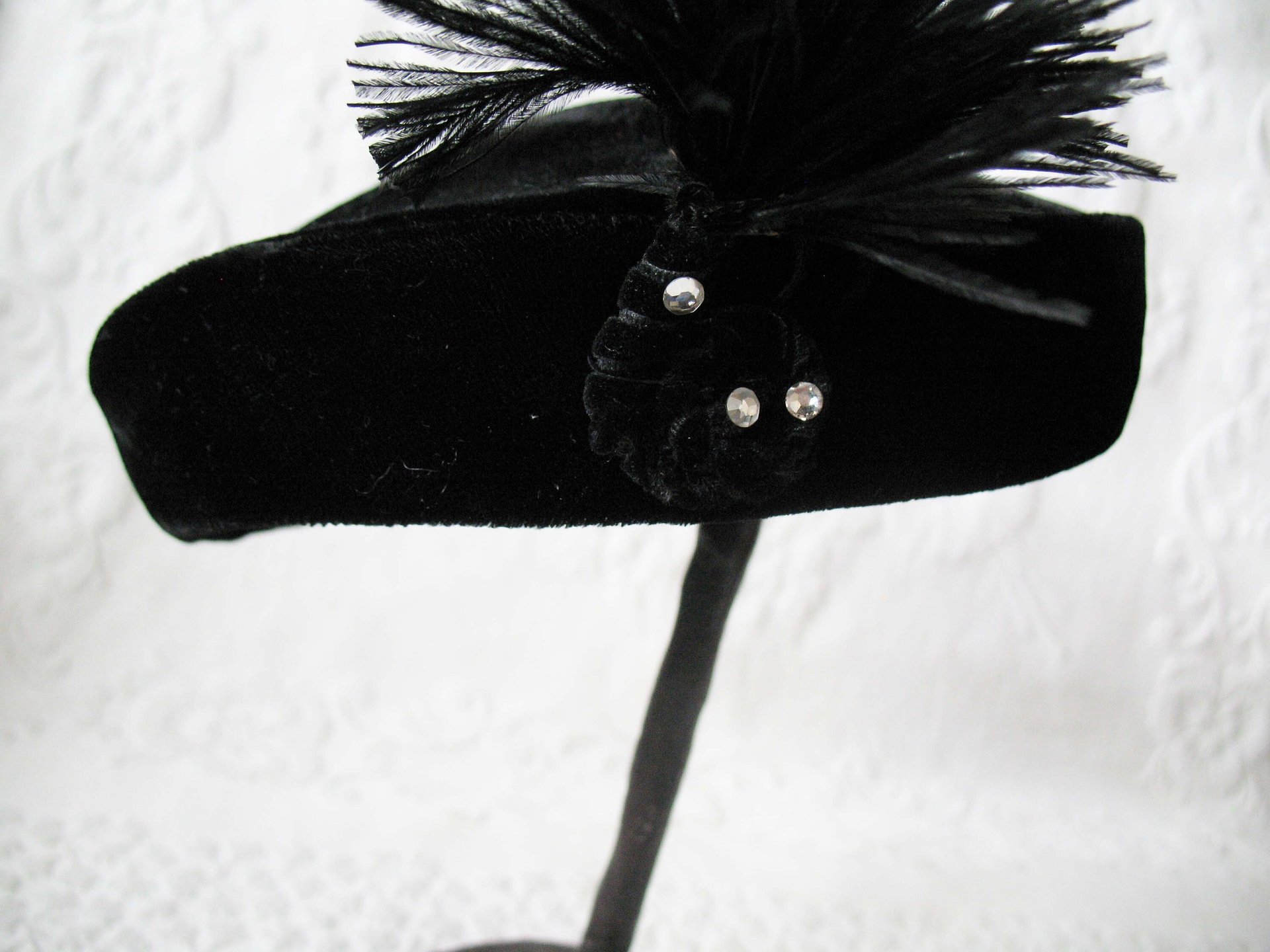 Vintage Hat Black Velvet Pill Box Mid Century 1950s Feather Rhinestone  Steampunk Cosplay  Kate Middleton Style WhenRosesBloom