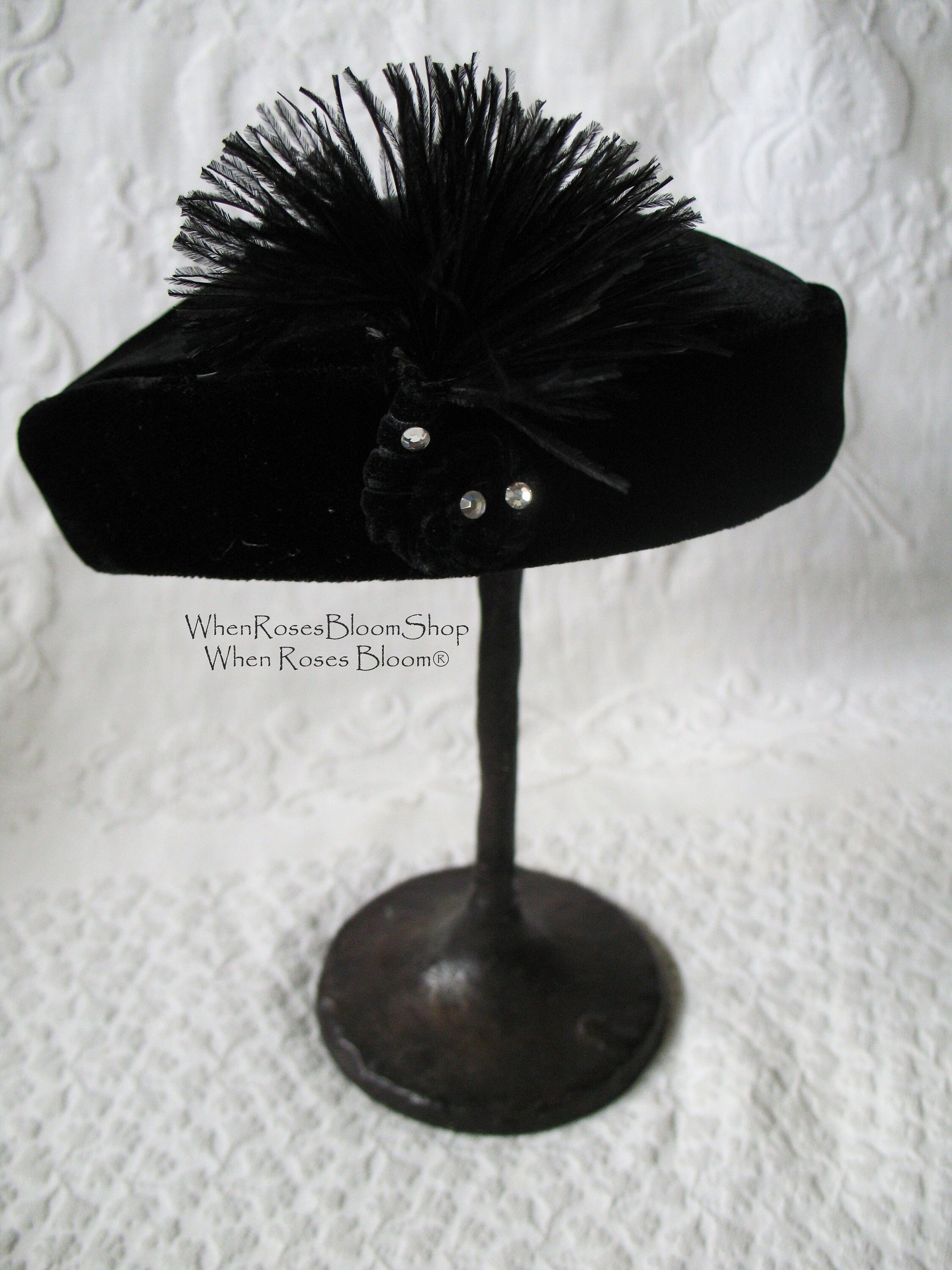 Vintage Hat Black Velvet Pill Box Mid Century 1950s Feather Rhinestone  Steampunk Cosplay  Kate Middleton Style WhenRosesBloom