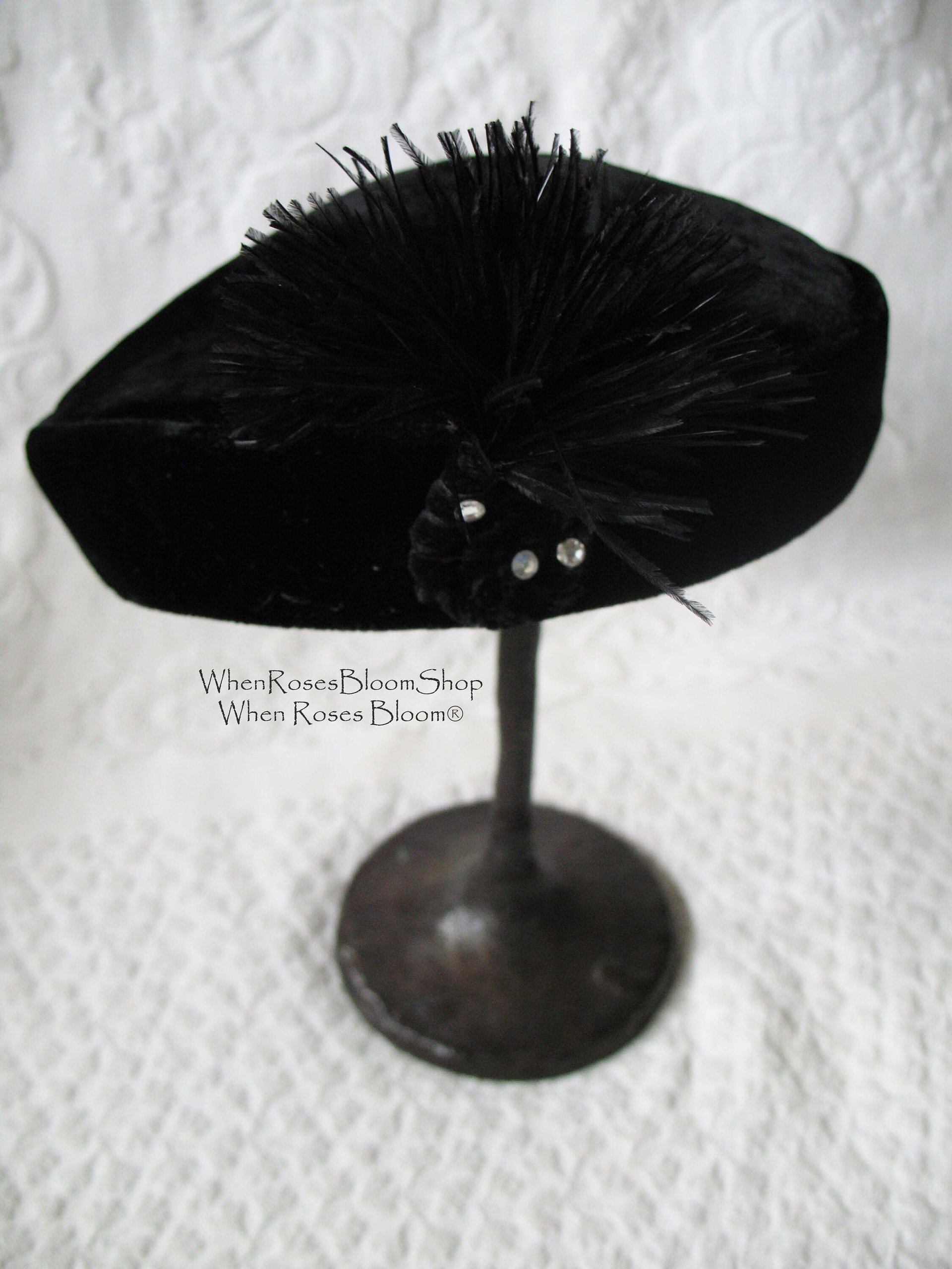 Vintage Hat Black Velvet Pill Box Mid Century 1950s Feather Rhinestone  Steampunk Cosplay  Kate Middleton Style WhenRosesBloom