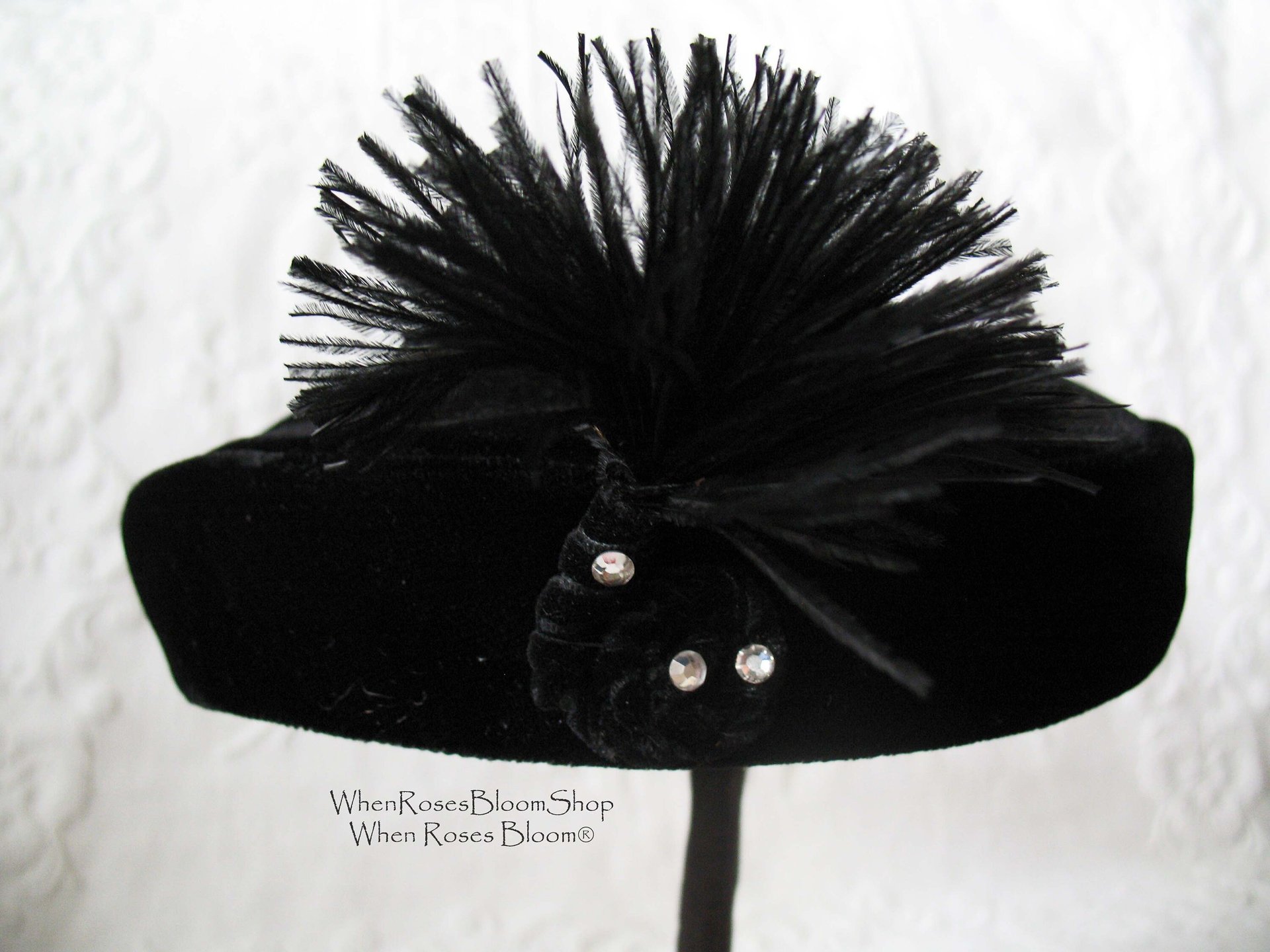 Vintage Hat Black Velvet Pill Box Mid Century 1950s Feather Rhinestone  Steampunk Cosplay  Kate Middleton Style WhenRosesBloom