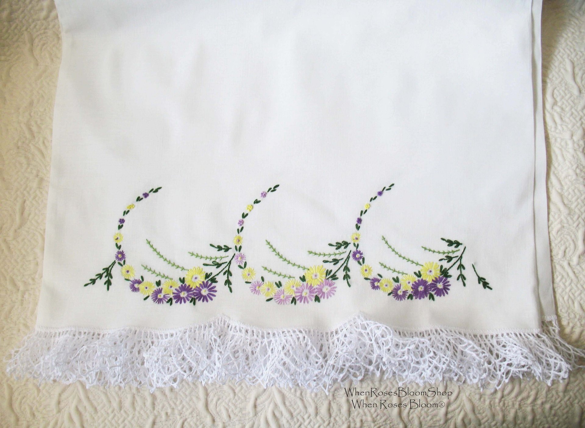 Vintage Pillowcases Pr  Crochet Lace Edges Wildflowers Trousseau NOS Shabby Chic Farmhouse Cottage Style Free Shipping in US WhenRosesBloom