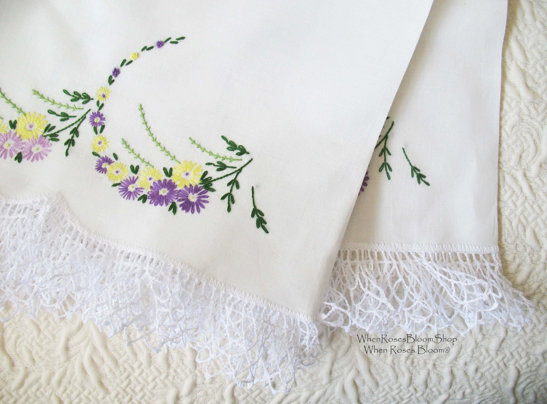Vintage Pillowcases Pr  Crochet Lace Edges Wildflowers Trousseau NOS Shabby Chic Farmhouse Cottage Style Free Shipping in US WhenRosesBloom
