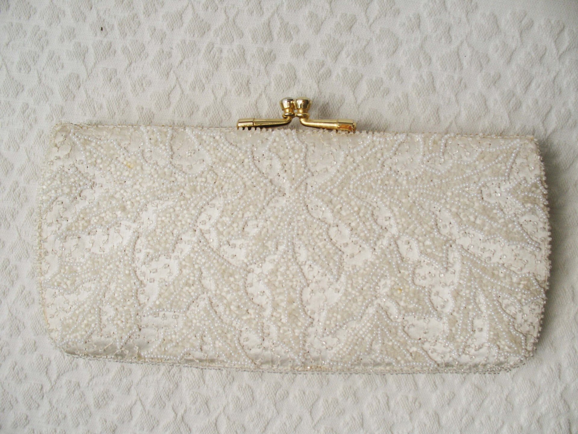 Vintage Purse White Beaded  Evening Bag Mid Century Retro Classic Glamour Wedding Dance Cocktail Party Clutch Purse  WhenRosesBloom