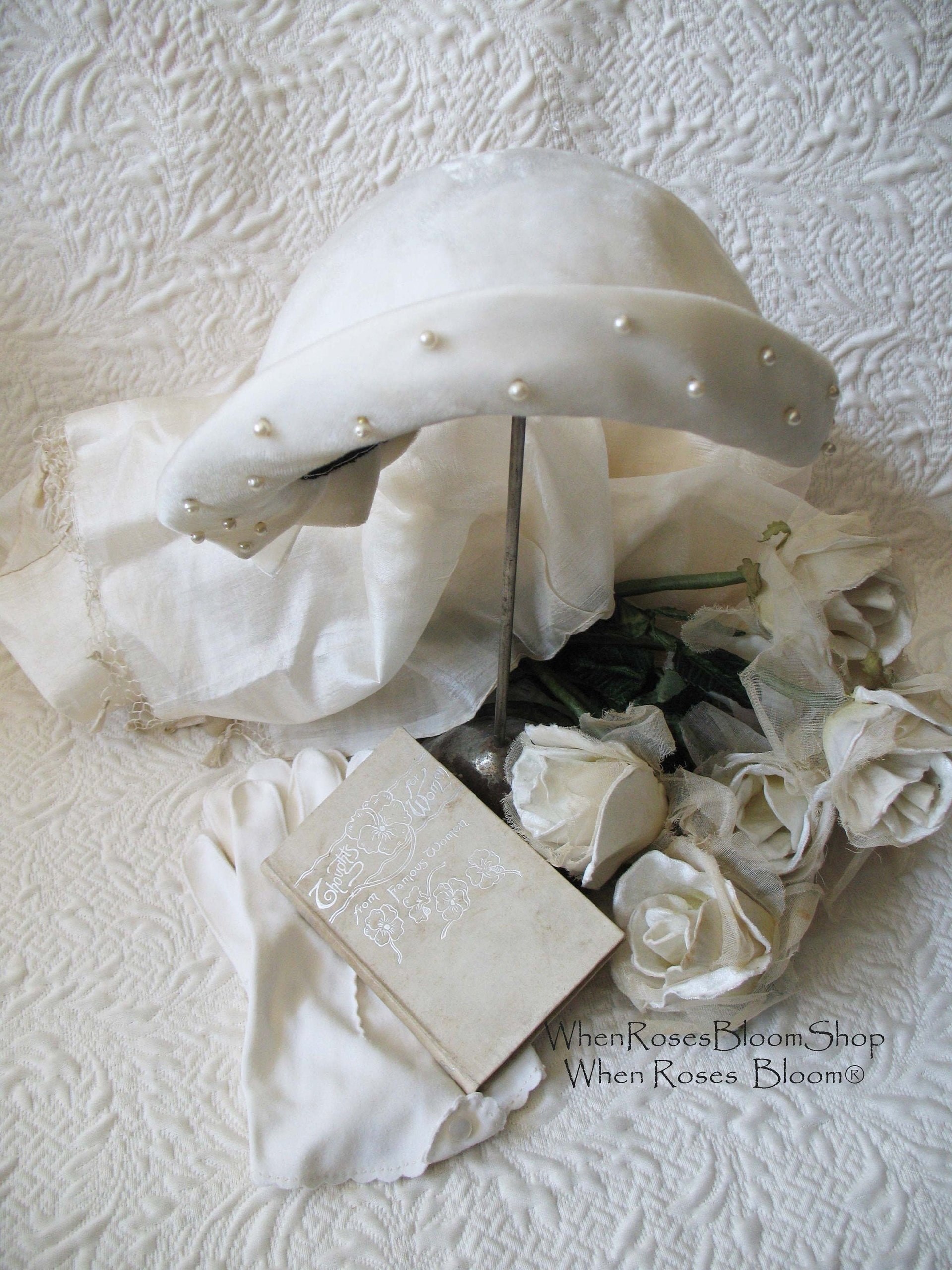 Vintage White Cloche Hat Wedding Cap Elegant Bridal 1st Communion hat Retro Dressy Hat for Tea Downton  Gatsby Cosplay WhenRosesBloom