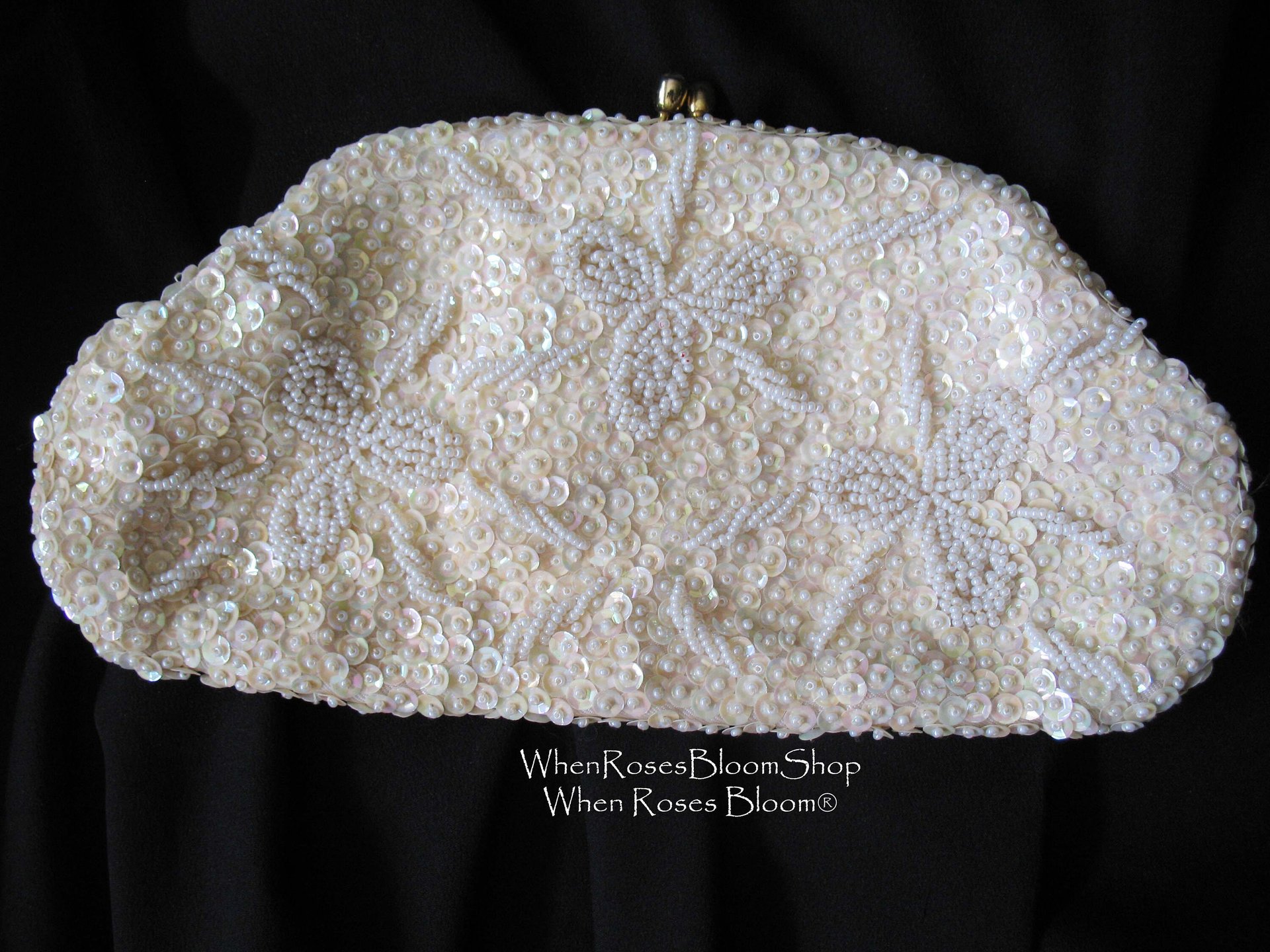 Vintage White Sequin and  Beaded Clutch Purse Evening Bag Art Deco Style Retro Cocktail Party Classic Style Glamour Dance WhenRosesBloom