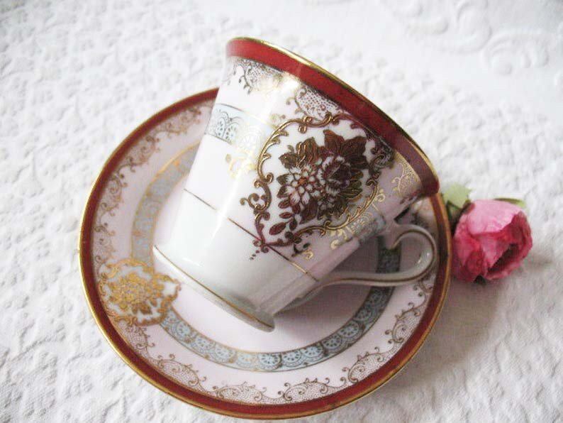Vintage Tea Cup Red Blue Gold Japan Retro Art Nouveau Art Deco Graphic Edwardian Downton Abbey Style Tea Gift Shabby Chic WhenRosesBloom