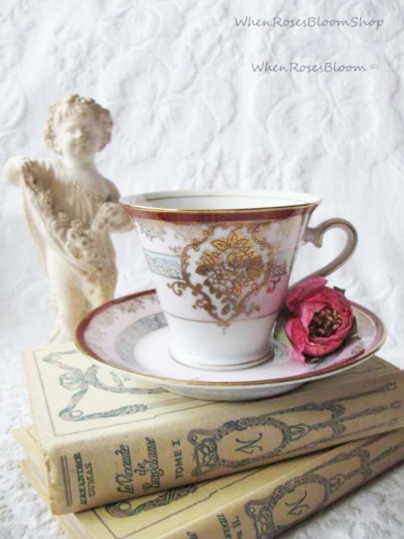 Vintage Tea Cup Red Blue Gold Japan Retro Art Nouveau Art Deco Graphic Edwardian Downton Abbey Style Tea Gift Shabby Chic WhenRosesBloom