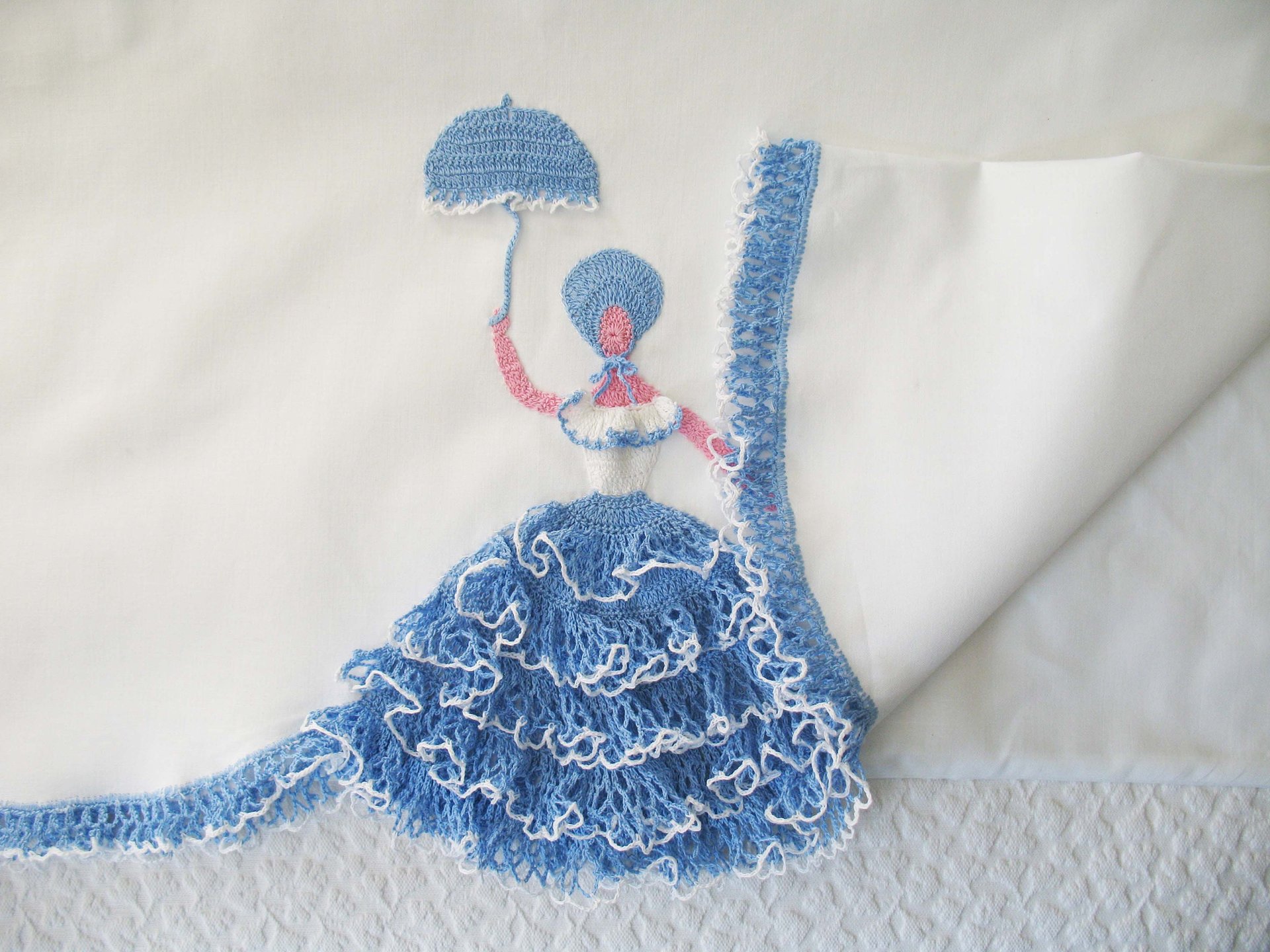 Vintage Pillowcases Crochet Lace Blue Parasol Lady Trousseau Pair NOS Shabby Chic Farmhouse Cottage Style Free Shipping in US WhenRosesBloom