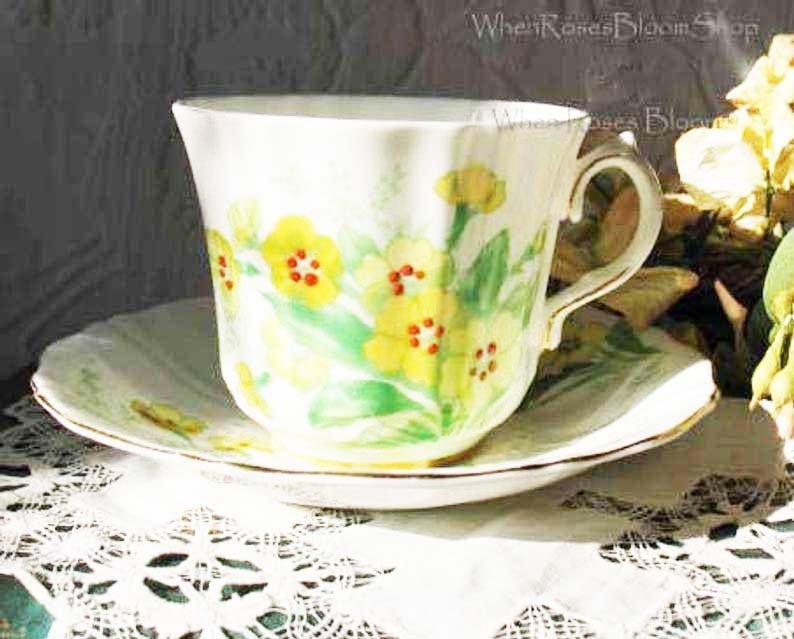Tea Cup Yellow Floral English Bone China Old Royal Vintage Retro Tea Gift Classic Mid Century Modern Shabby Chic Tea  WhenRosesBloom