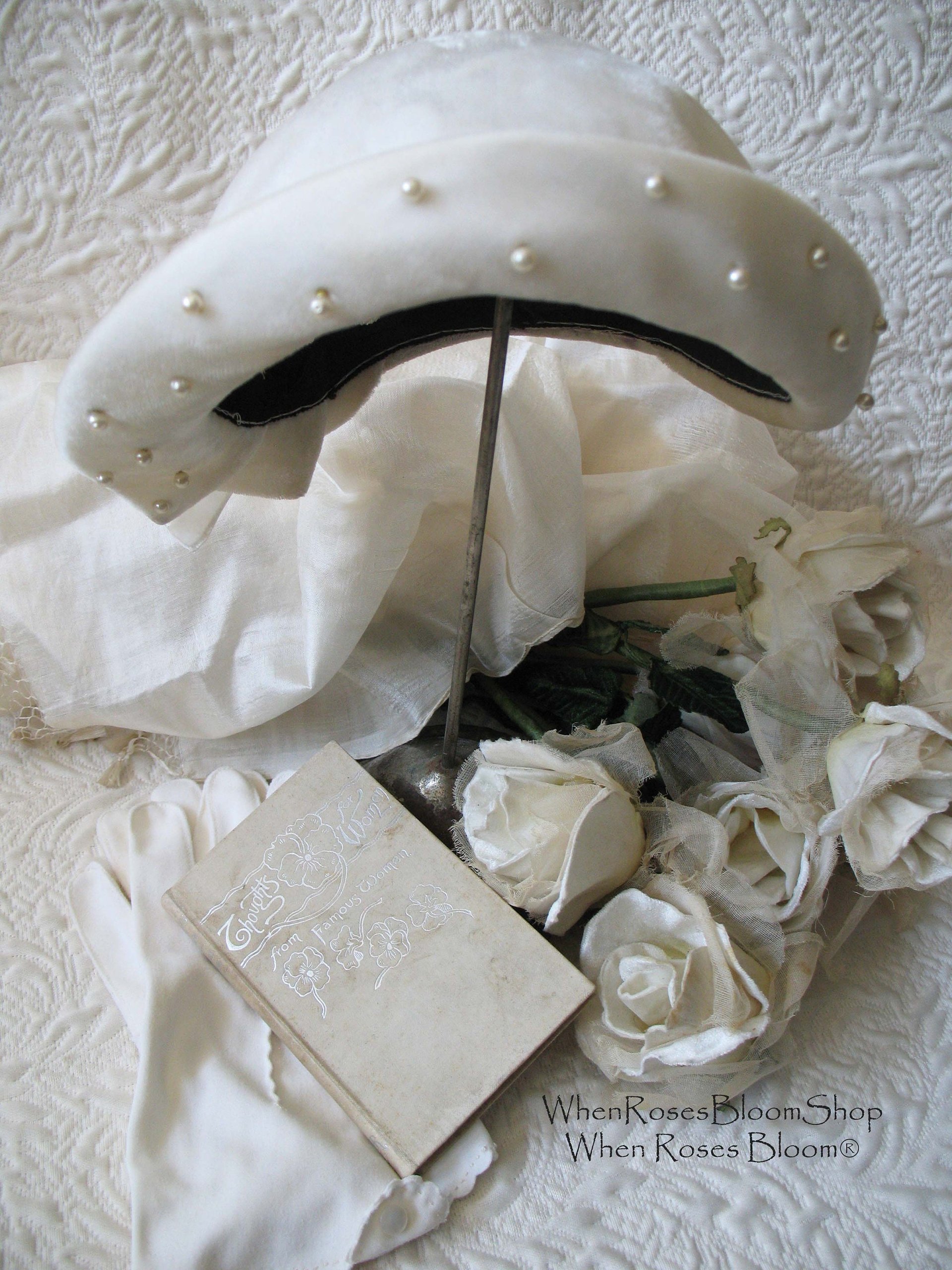 Vintage White Cloche Hat Wedding Cap Elegant Bridal 1st Communion hat Retro Dressy Hat for Tea Downton  Gatsby Cosplay WhenRosesBloom