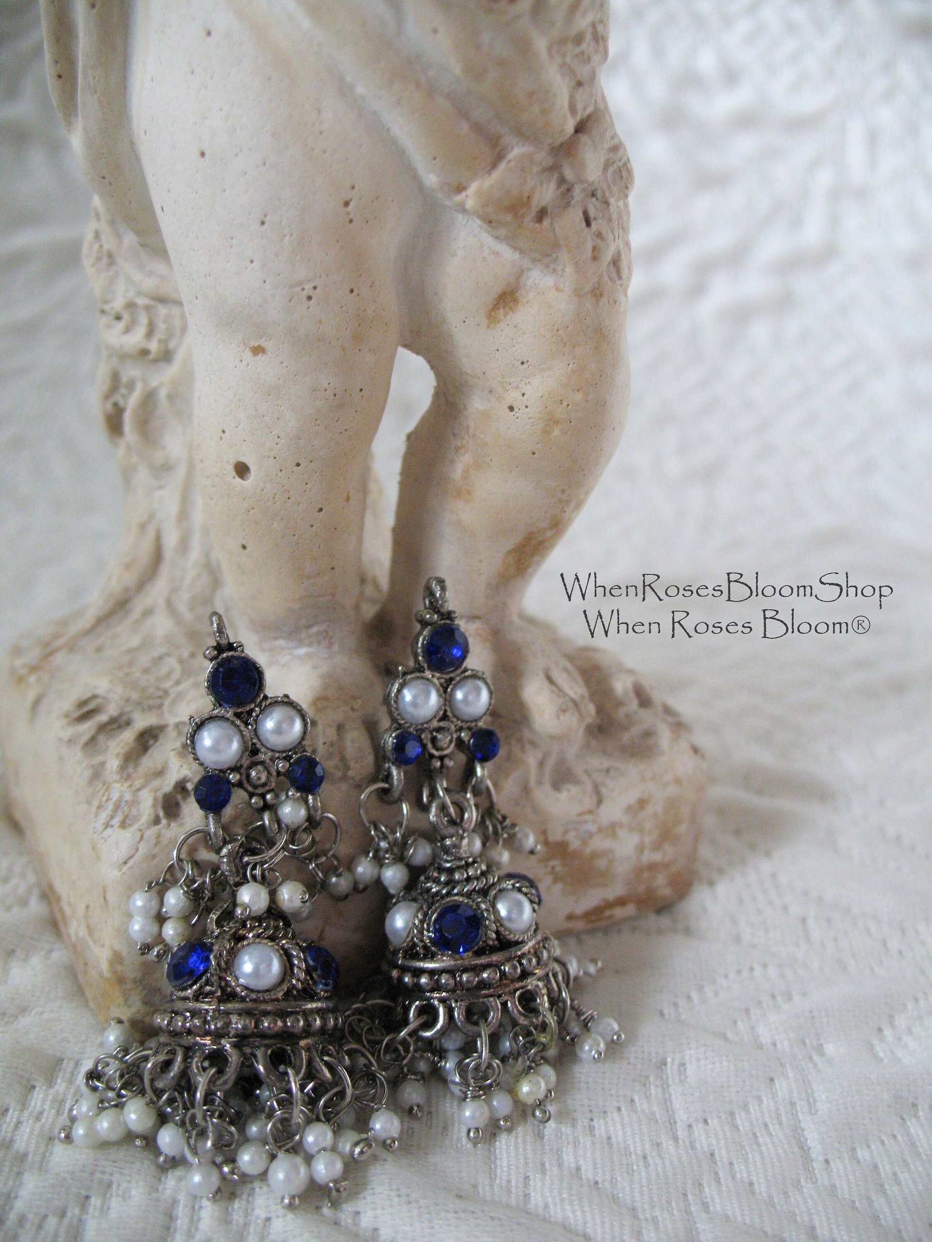 Vintage Silver Blue Pierced Earring Chandelier Boho Gypsy Hipster Casual Retro Jewelry Bollywood Beecham Cosplay FREE SHIP US WhenRosesBloom