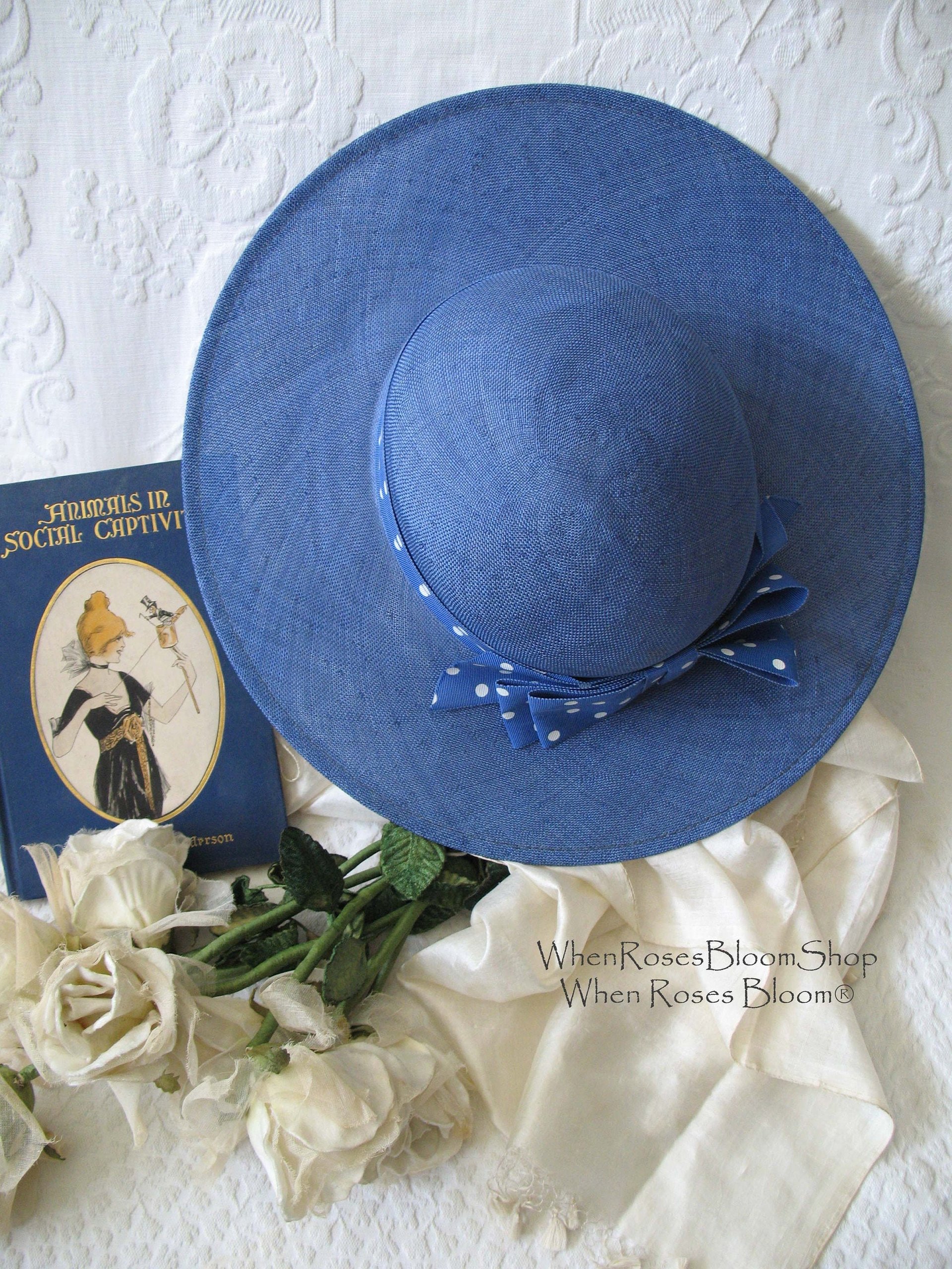 Vintage Blue Straw Hat Classic Romantic Tailored Elegance Lady Diana Retro Artsy Dressy Style for Garden Wedding Tea Party WhenRosesBloom