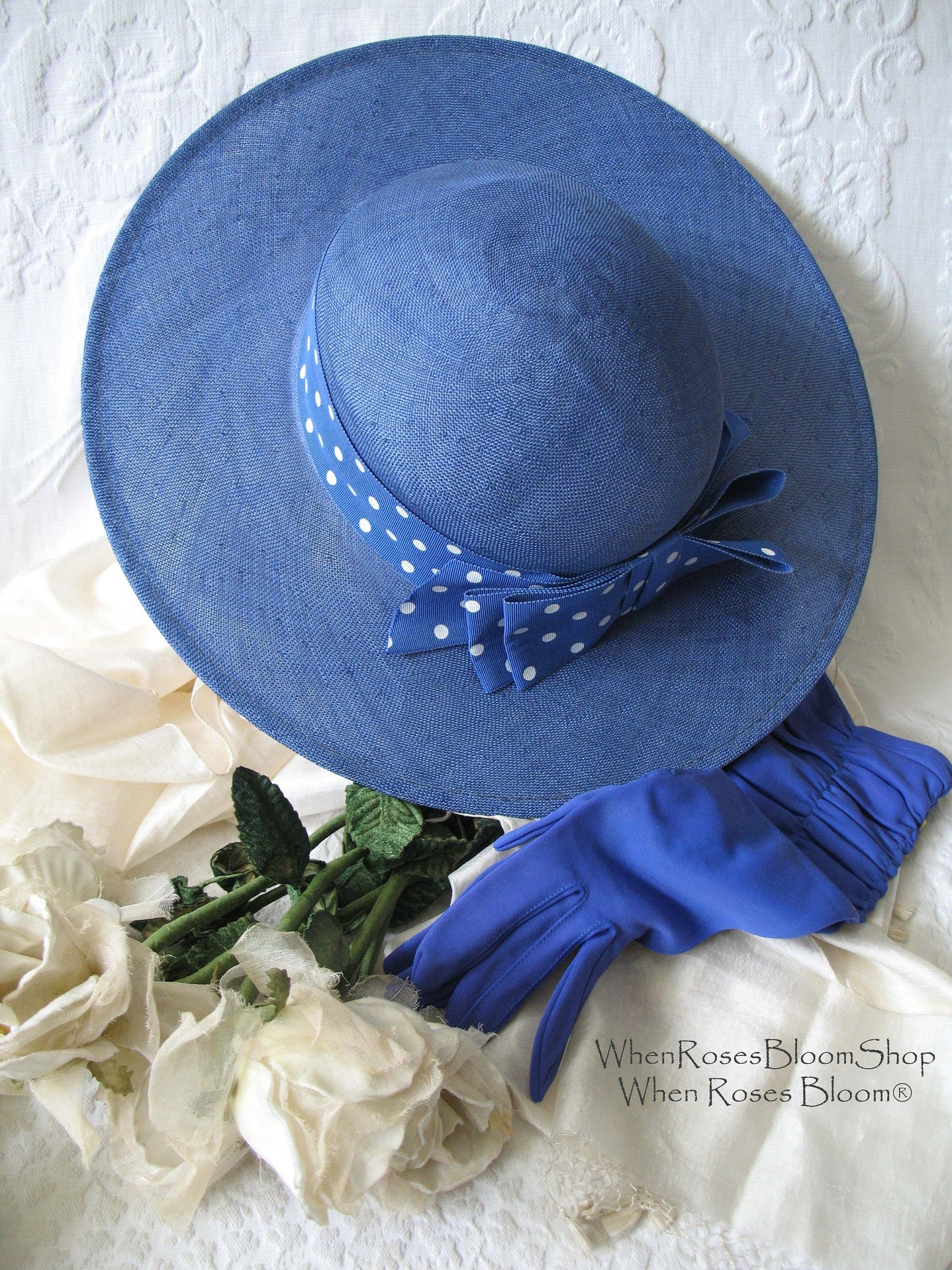 Vintage Blue Straw Hat Classic Romantic Tailored Elegance Lady Diana Retro Artsy Dressy Style for Garden Wedding Tea Party WhenRosesBloom