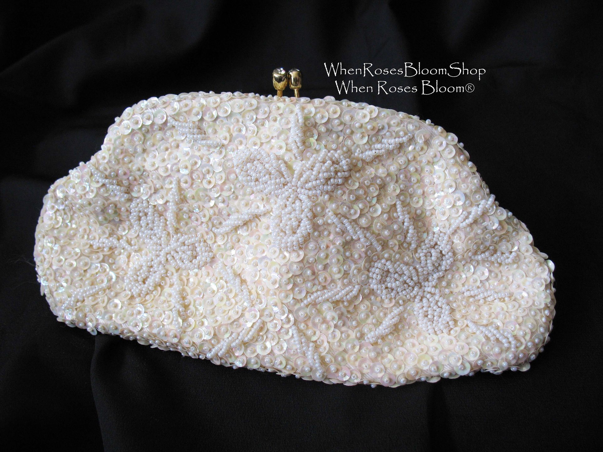 Vintage White Sequin and  Beaded Clutch Purse Evening Bag Art Deco Style Retro Cocktail Party Classic Style Glamour Dance WhenRosesBloom