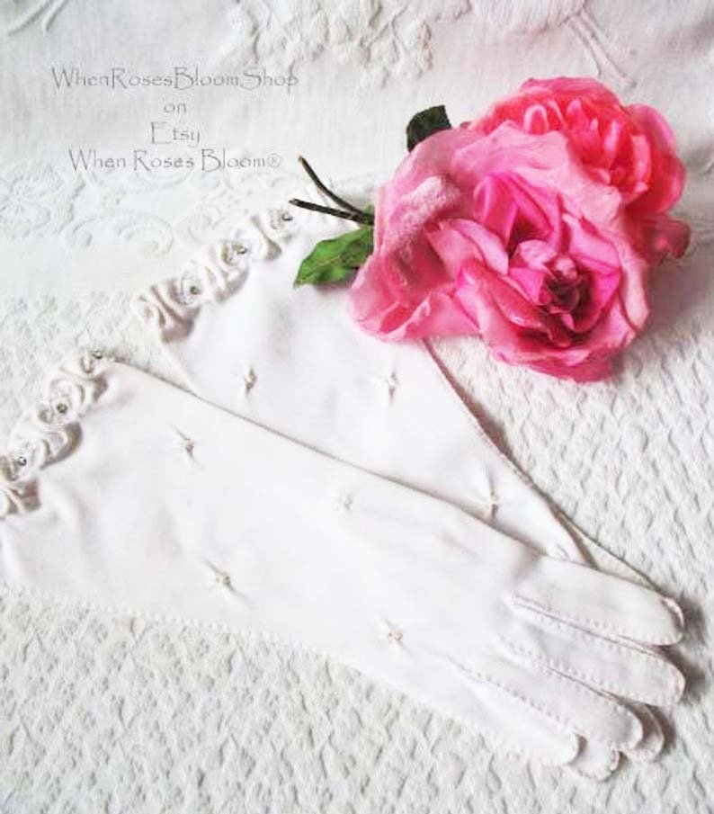 Vintage White Gloves Pearl Rhinestone Retro Mid Century Wedding Bride  Free Ship US Downton Austen Titanic Cosplay    When Roses Bloom