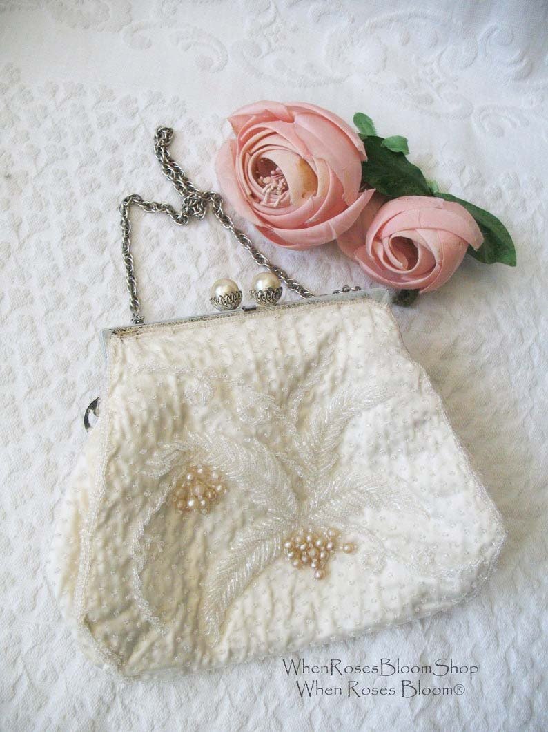 Vintage Purse White  Beaded Formal Evening Bag Elegant Handbag Wedding Tea Party Cocktail Party Deubutante Classic Bridal WhenRosesBloom