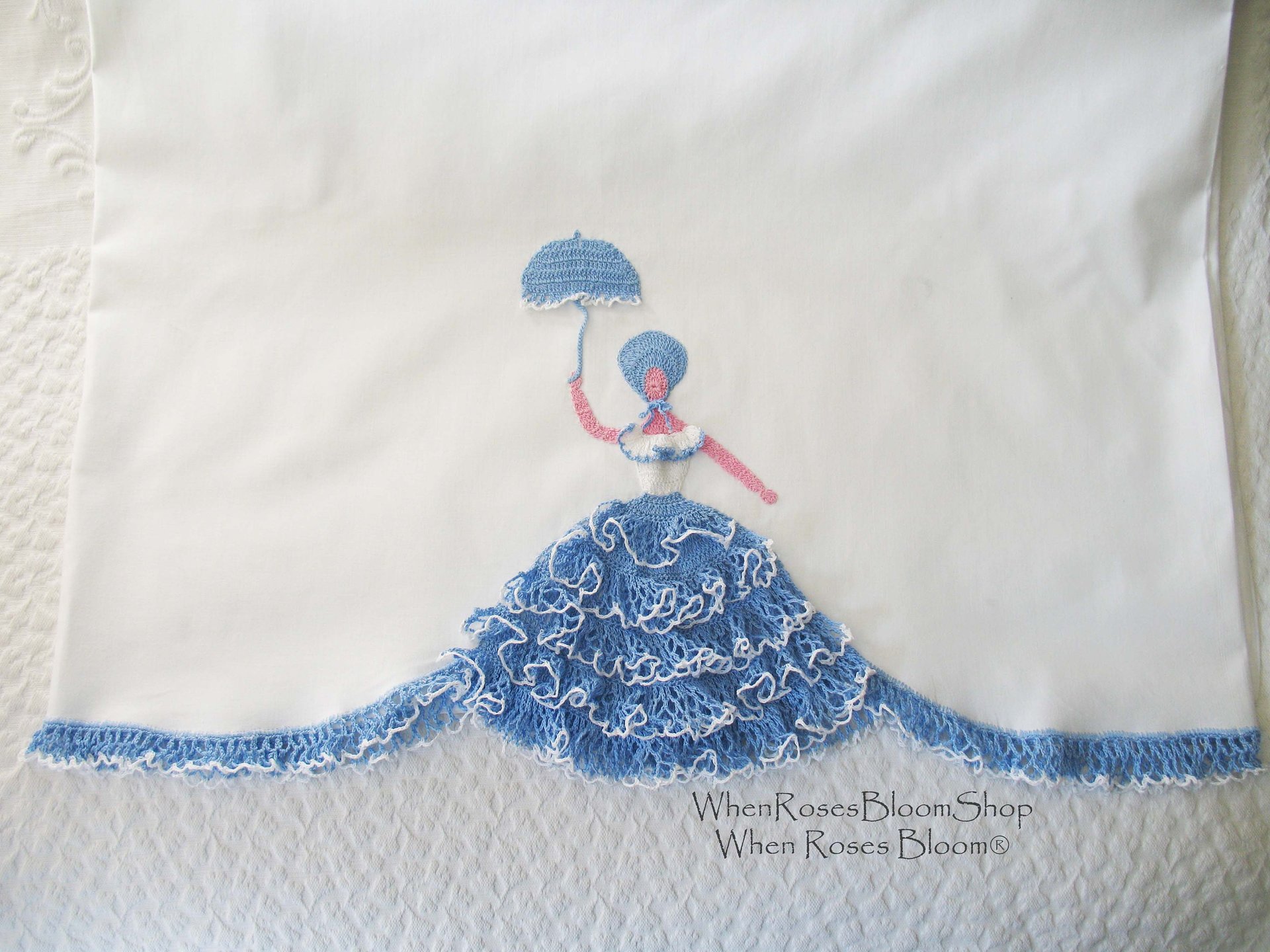 Vintage Pillowcases Crochet Lace Blue Parasol Lady Trousseau Pair NOS Shabby Chic Farmhouse Cottage Style Free Shipping in US WhenRosesBloom