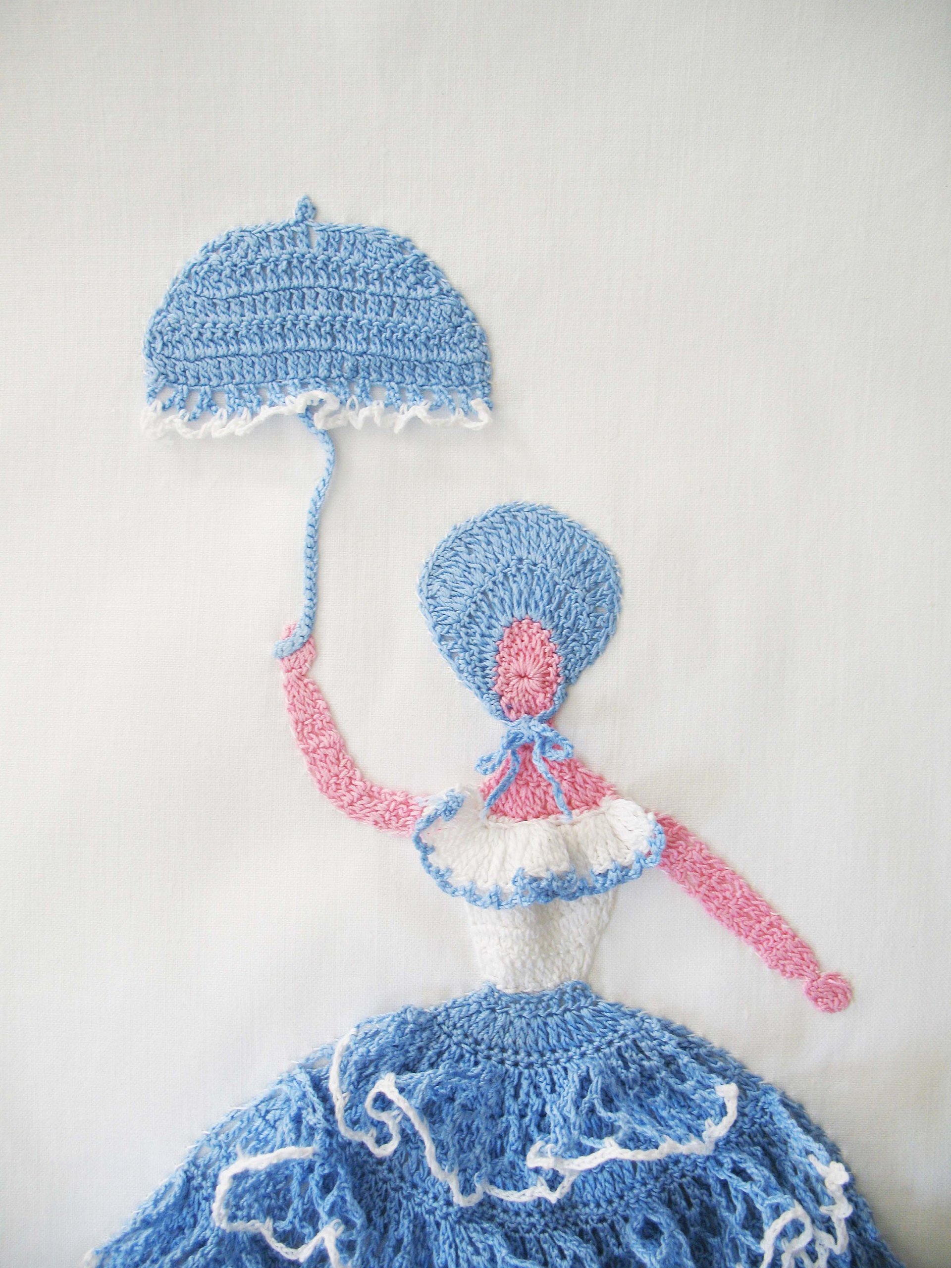 Vintage Pillowcases Crochet Lace Blue Parasol Lady Trousseau Pair NOS Shabby Chic Farmhouse Cottage Style Free Shipping in US WhenRosesBloom