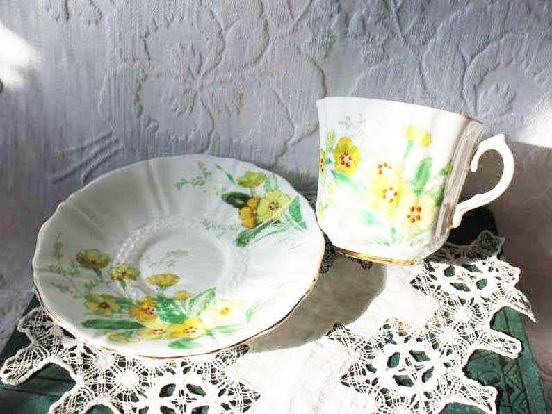 Tea Cup Yellow Floral English Bone China Old Royal Vintage Retro Tea Gift Classic Mid Century Modern Shabby Chic Tea  WhenRosesBloom