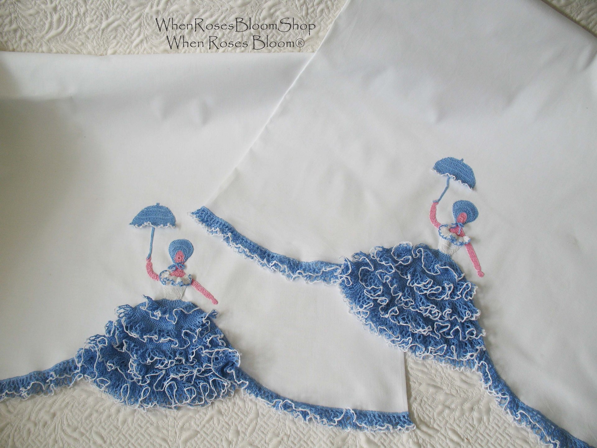 Vintage Pillowcases Crochet Lace Blue Parasol Lady Trousseau Pair NOS Shabby Chic Farmhouse Cottage Style Free Shipping in US WhenRosesBloom