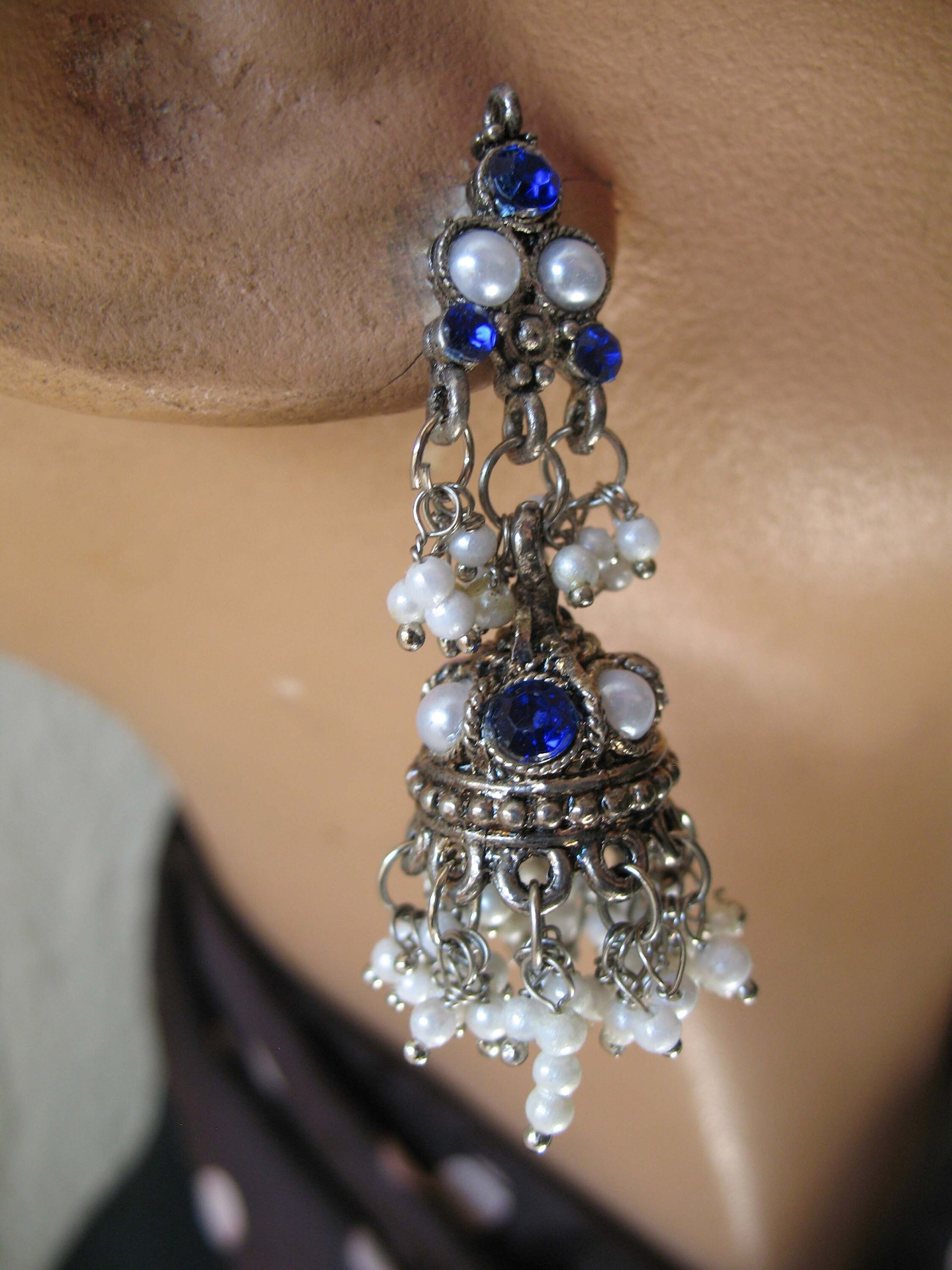 Vintage Silver Blue Pierced Earring Chandelier Boho Gypsy Hipster Casual Retro Jewelry Bollywood Beecham Cosplay FREE SHIP US WhenRosesBloom