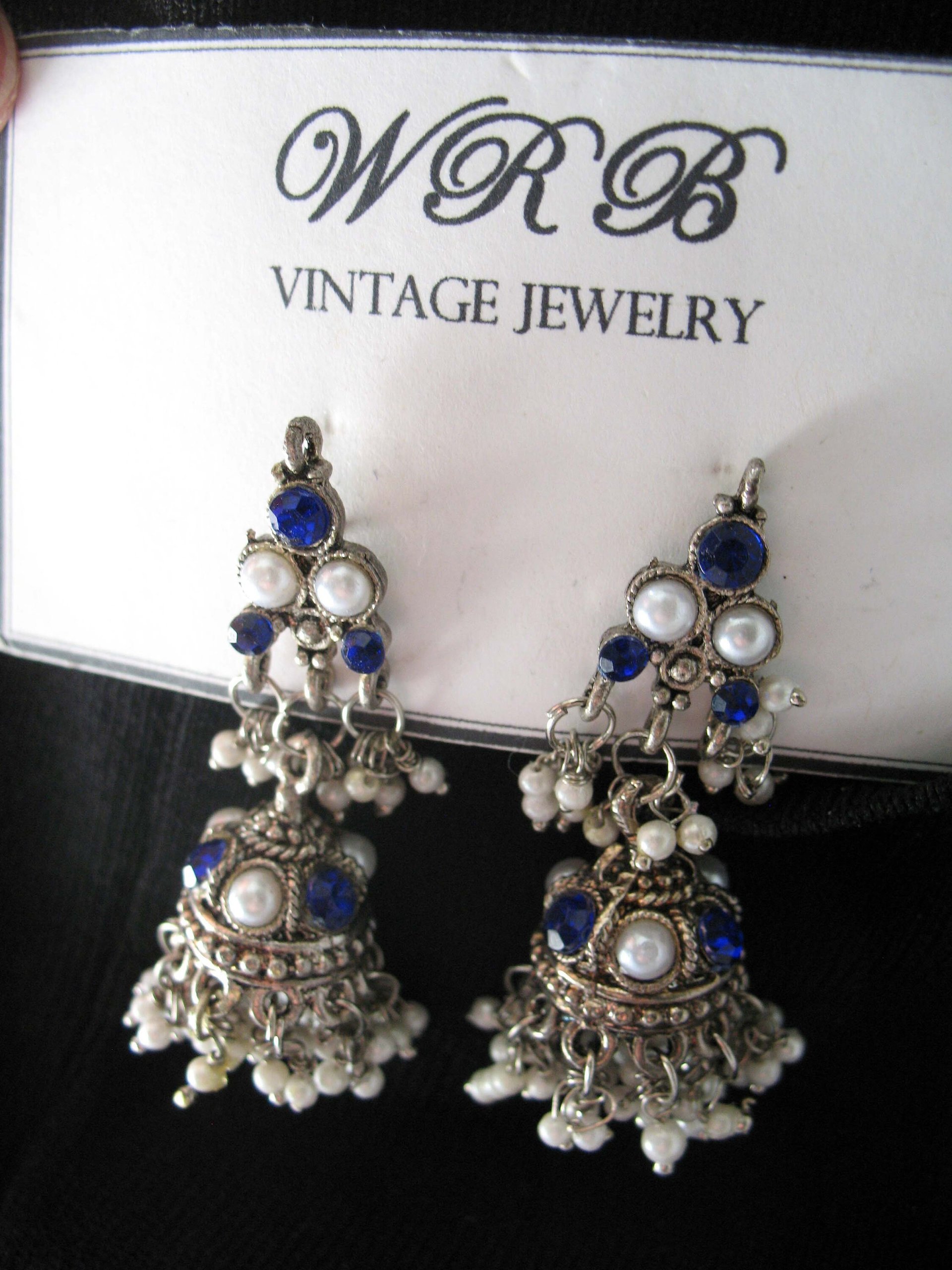 Vintage Silver Blue Pierced Earring Chandelier Boho Gypsy Hipster Casual Retro Jewelry Bollywood Beecham Cosplay FREE SHIP US WhenRosesBloom