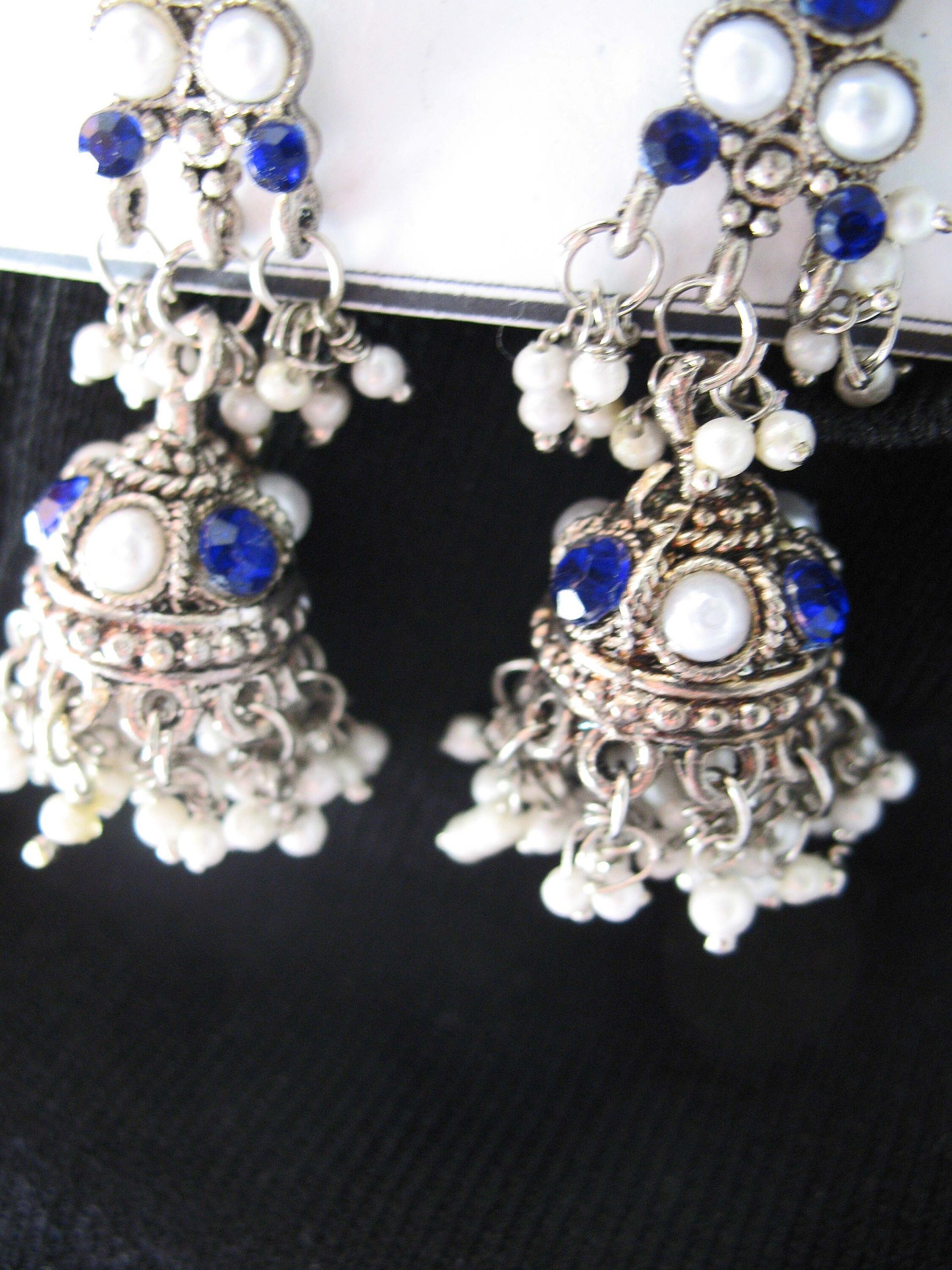 Vintage Silver Blue Pierced Earring Chandelier Boho Gypsy Hipster Casual Retro Jewelry Bollywood Beecham Cosplay FREE SHIP US WhenRosesBloom