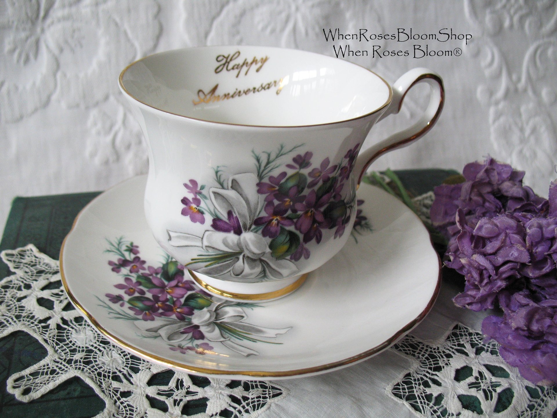 Vintage Tea Cup English Bone China Violets Happy Anniversary  Retro Tea Gift Classic Mid Century Modern Shabby Chic Tea  WhenRosesBloom